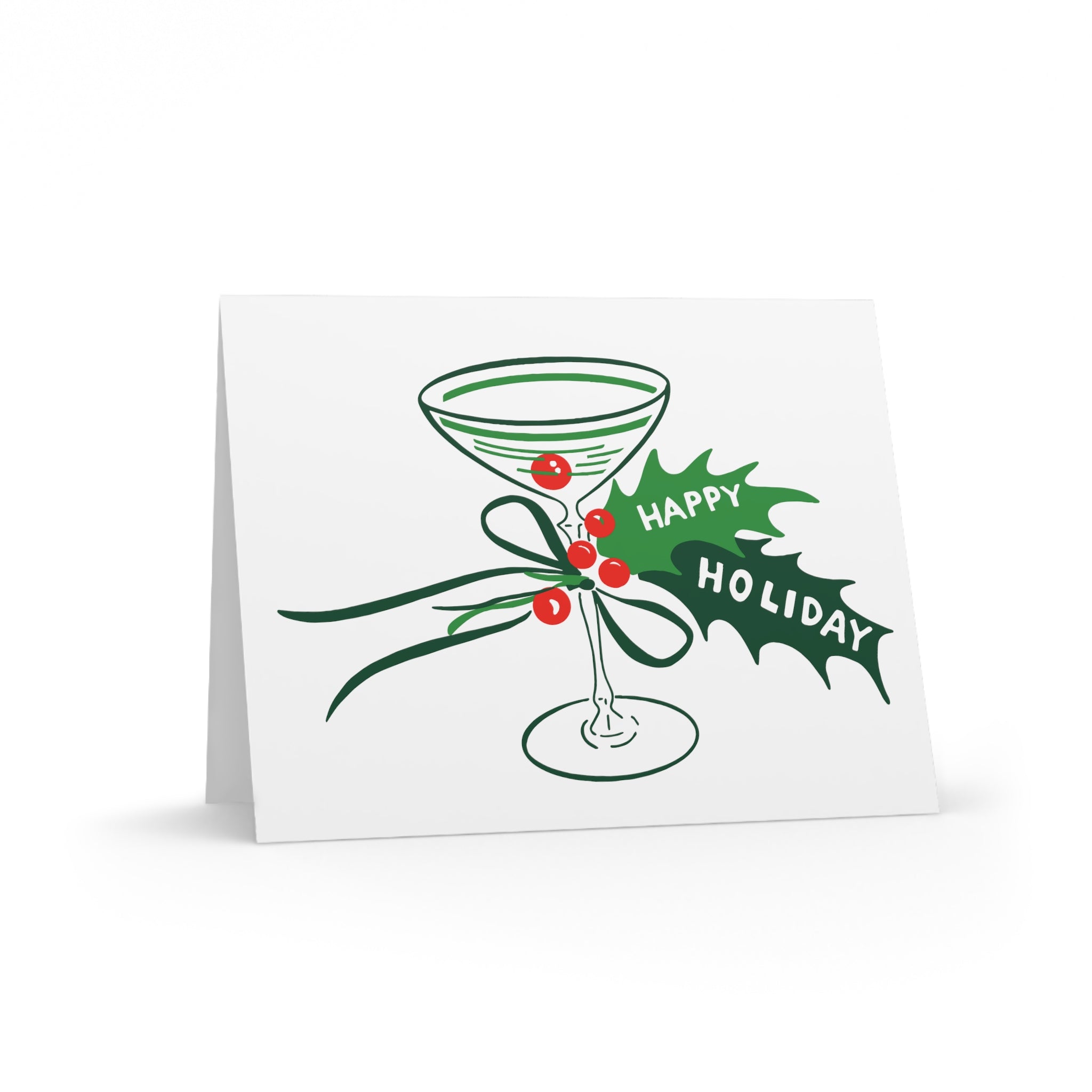 Happy Holiday Champagne Glass Holly Mid Century Retro Christmas Print Matte Greeting Cards (8, 16, and 24 pcs)