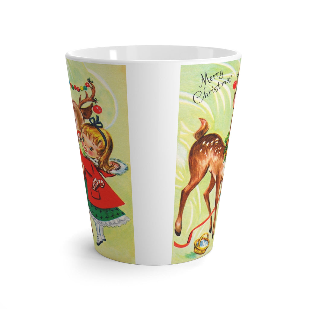 Merry Christmas Girl With Reindeer Retro Christmas Print Latte Coffee Mug
