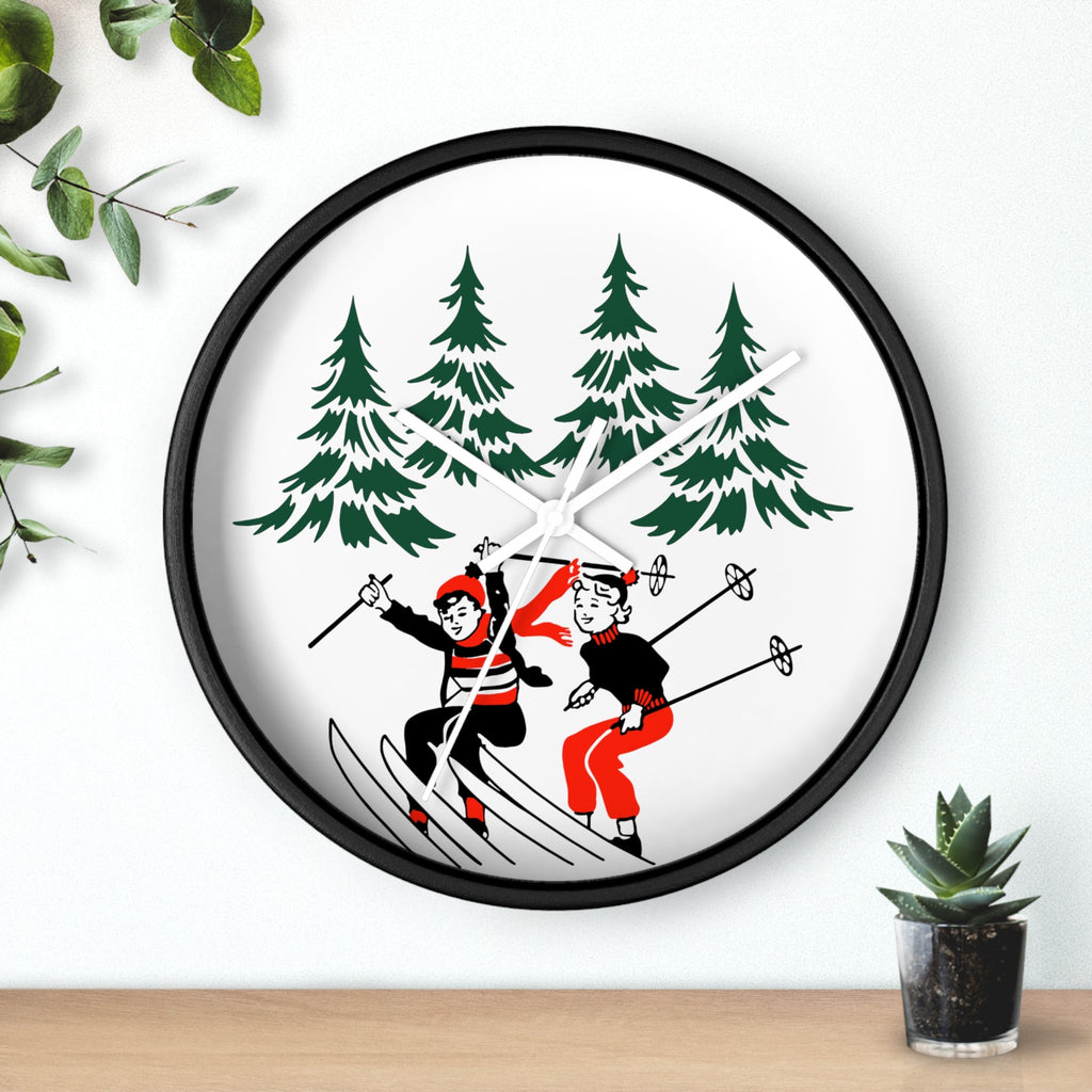 Christmas Skiing Couple Trees Winter Mid Century Retro Christmas Print White Christmas Wall Clock