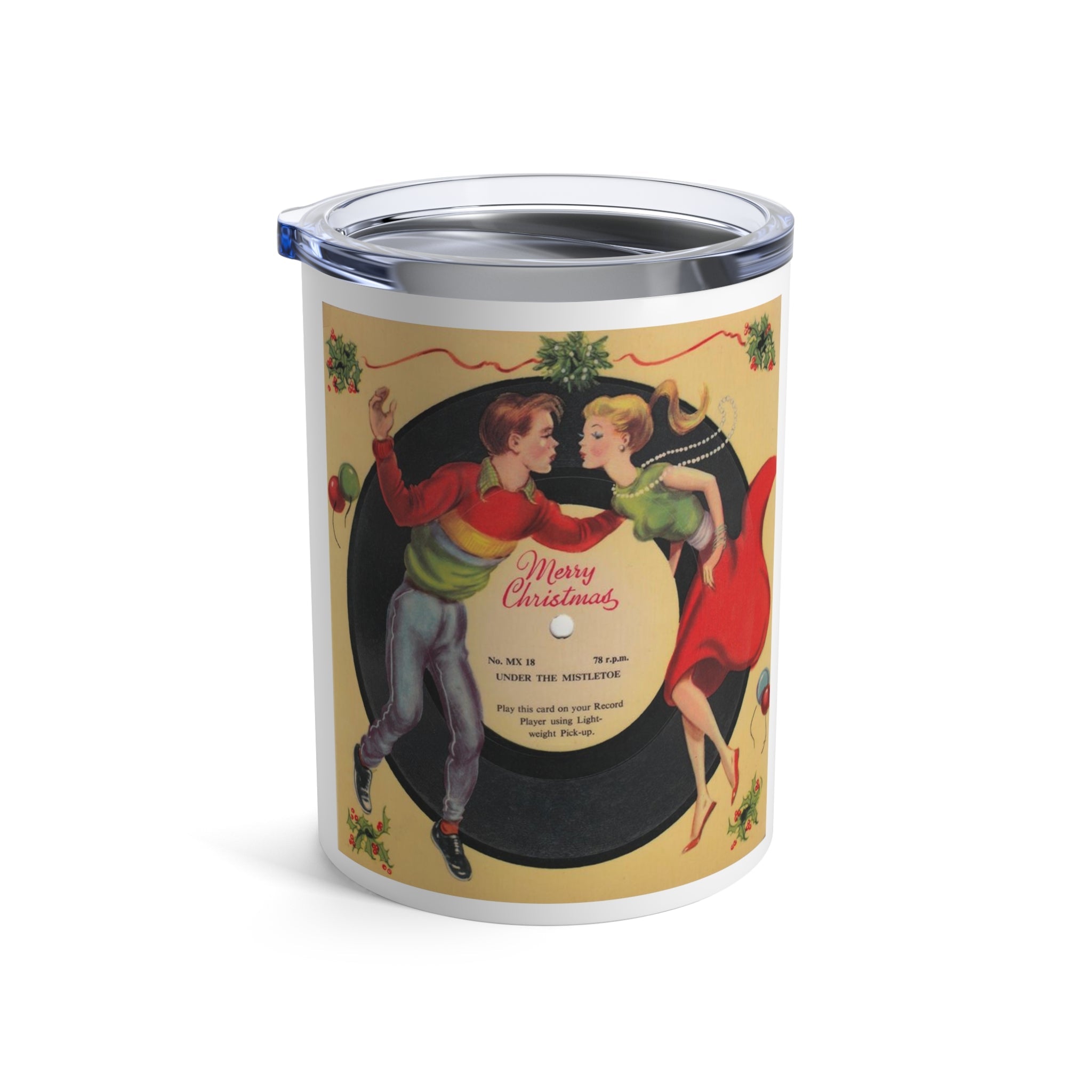 Merry Christmas Couple Kissing Under Mistletoe Record Retro Christmas Print Stainless Steel Tumbler 10oz
