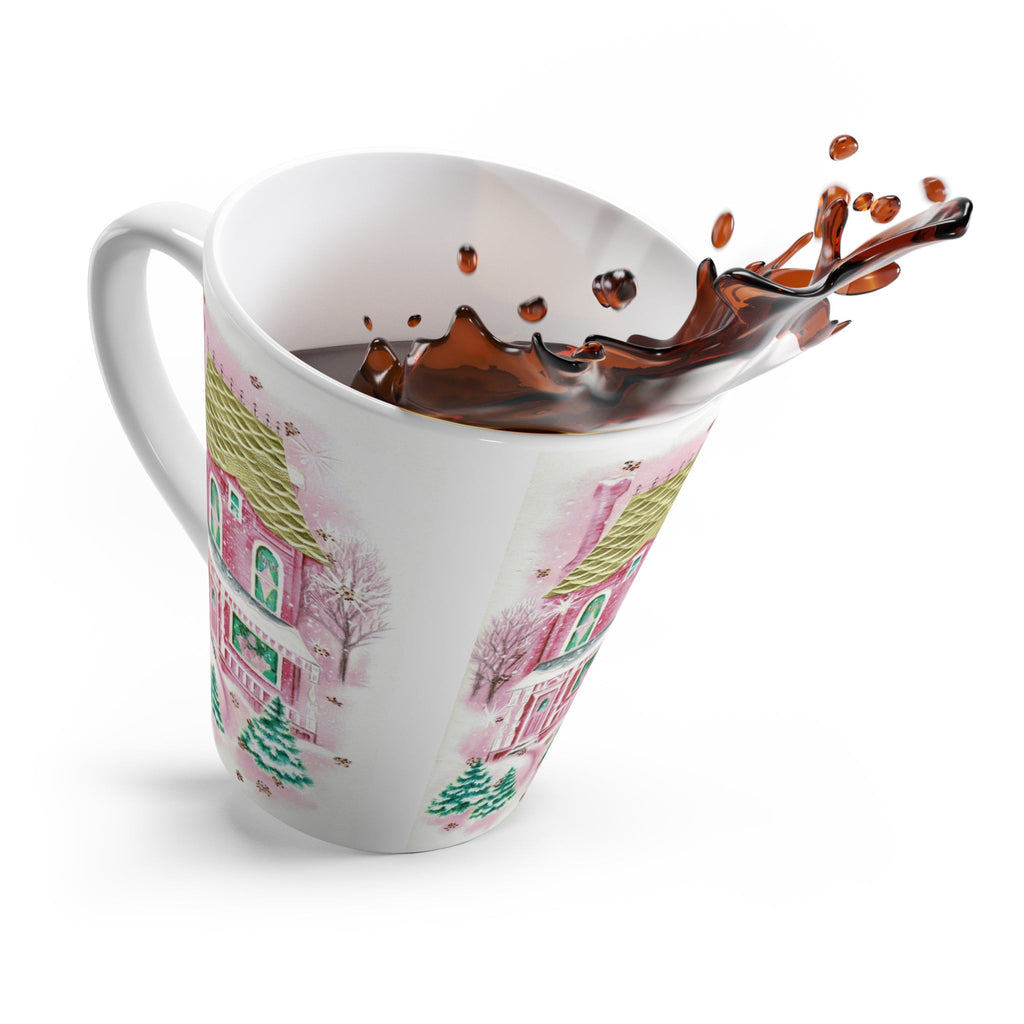 Pink Christmas Holiday House Mid Century Retro Christmas Print Latte Coffee Mug