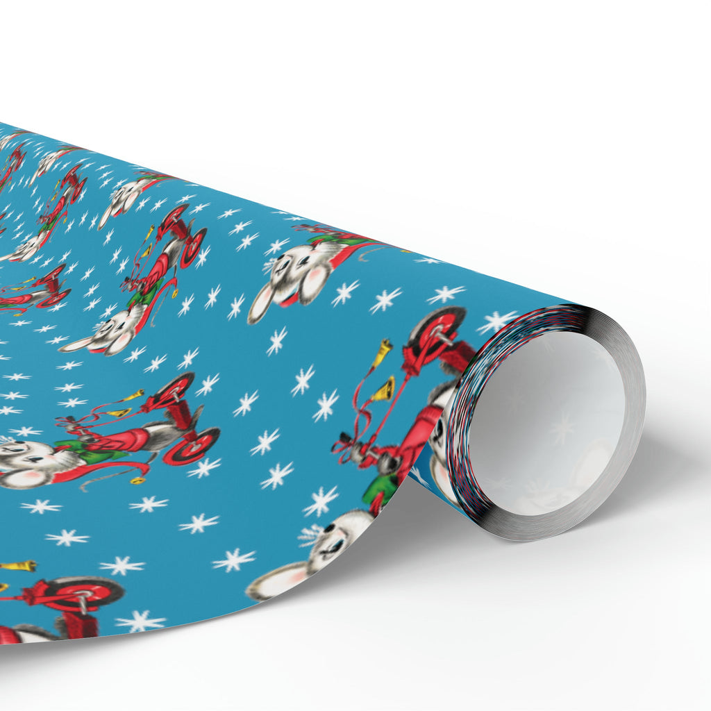 Christmas Mouse On Scooter Stars Mid Century Retro Christmas Print Holiday Gift Wrap Paper - Glossy Or Matte
