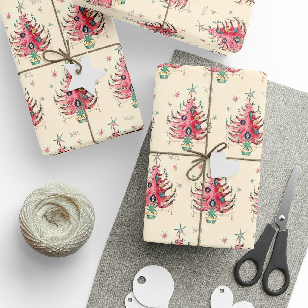 Noel Pink Christmas Trees Mid Century Retro Christmas Print Holiday Gift Wrap Paper - Glossy Or Matte