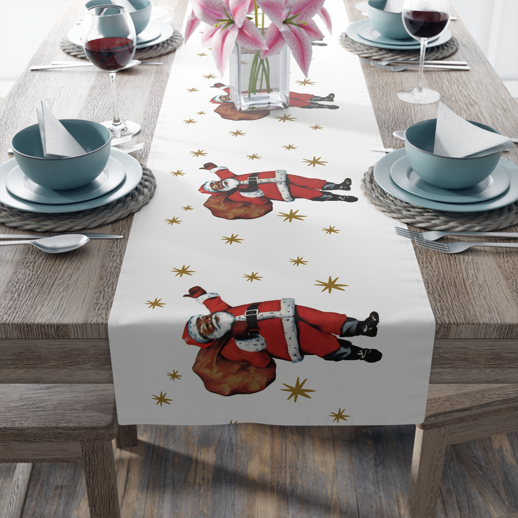 Midcentury Diverse Black Santa Gold Stars Vintage Polyester Table Runner