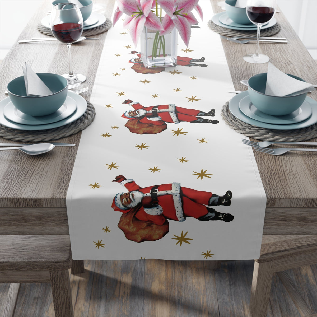 Midcentury Diverse Black Santa Gold Stars Vintage Polyester Table Runner