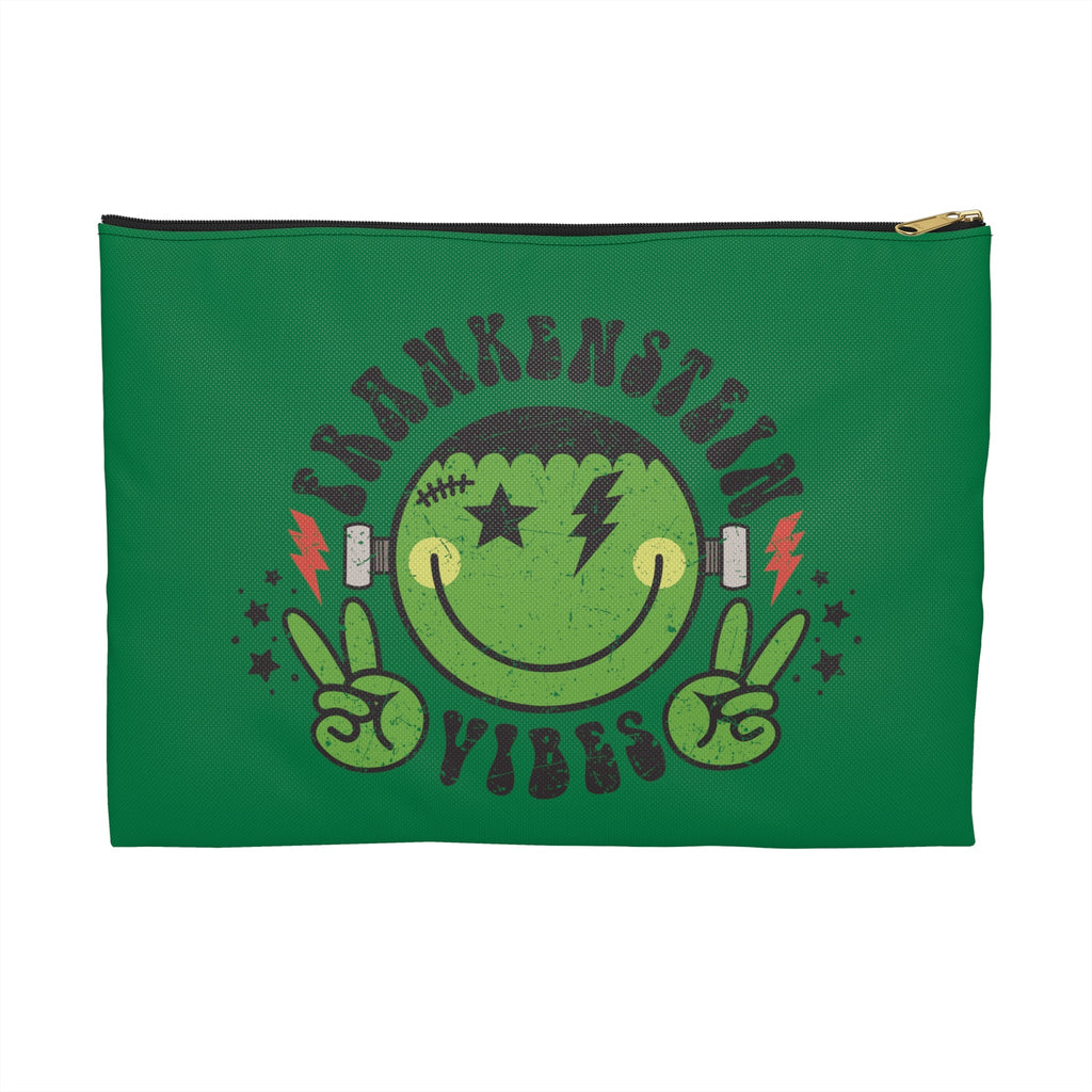Frankenstein Vibes Distressed Style Green Halloween Print Polyester Accessory Pouch Travel Bag