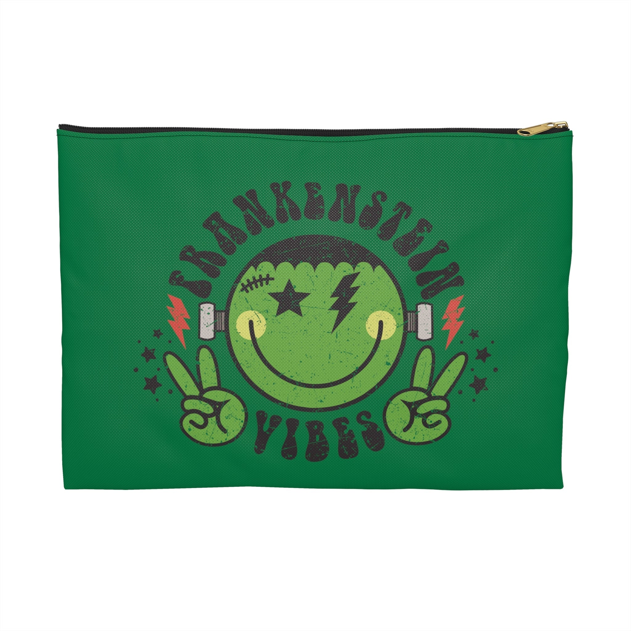 Frankenstein Vibes Distressed Style Green Halloween Print Polyester Accessory Pouch Travel Bag