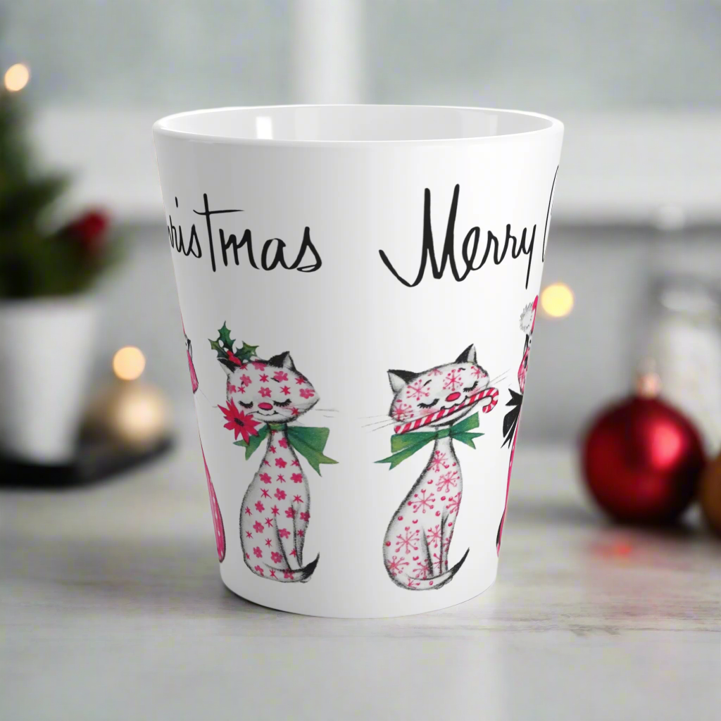 Merry Christmas Cats Midcentury Retro Latte Coffee Mug