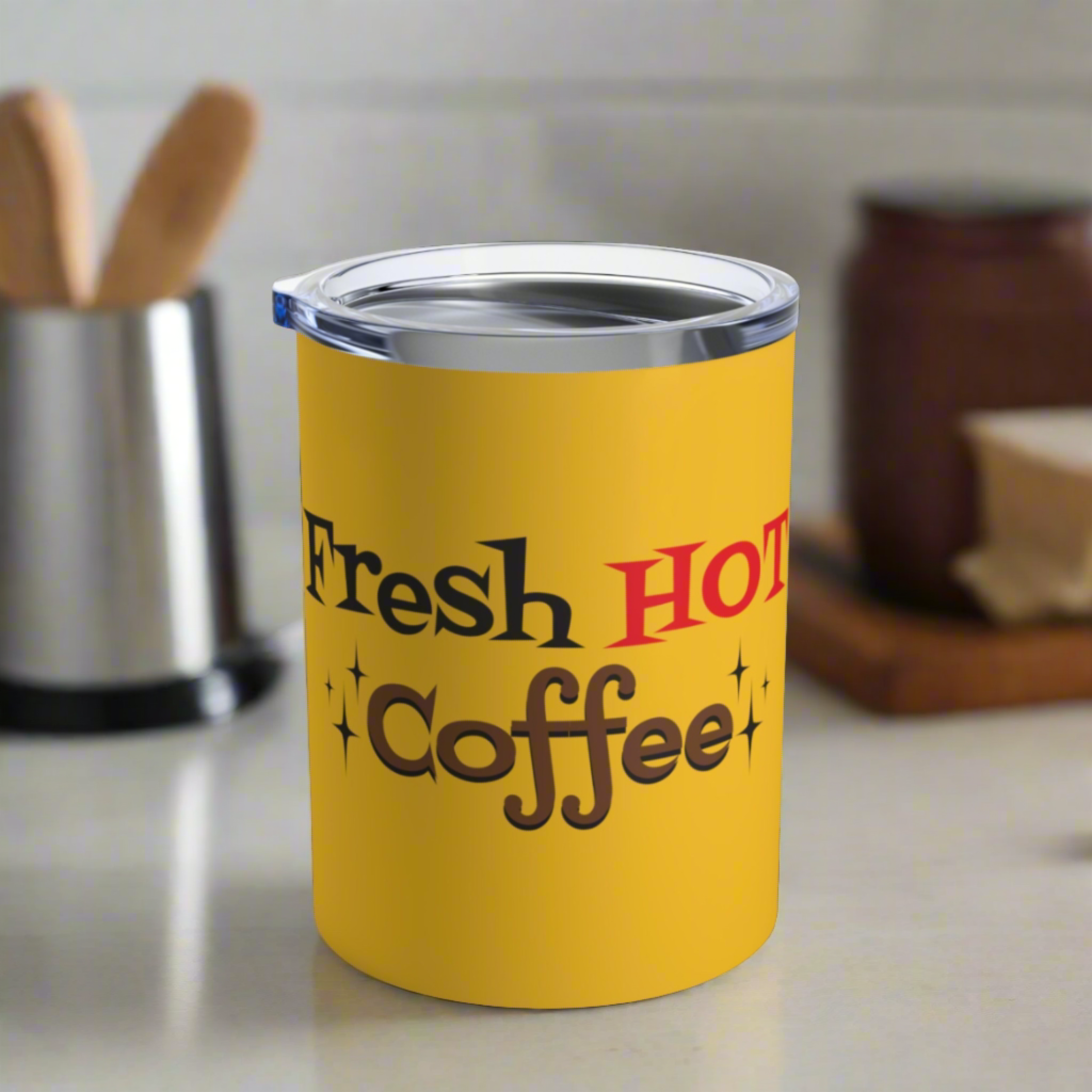 Fresh Hot Coffee Yellow Tumbler 10oz Stainless Steel Atomic Era Style