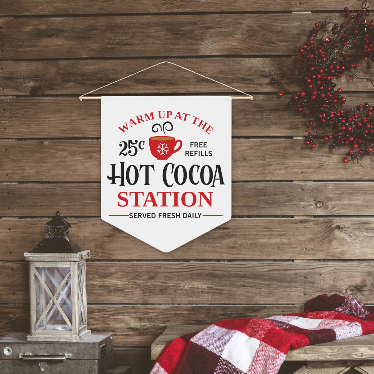 Warm Up At The Hot Cocoa Station Christmas Wall Hanging Banner Flag