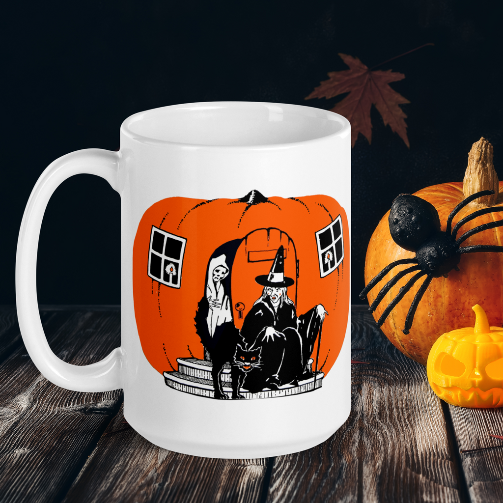 Pumpkin Witch House Black Cat Retro Halloween Vintage Mug