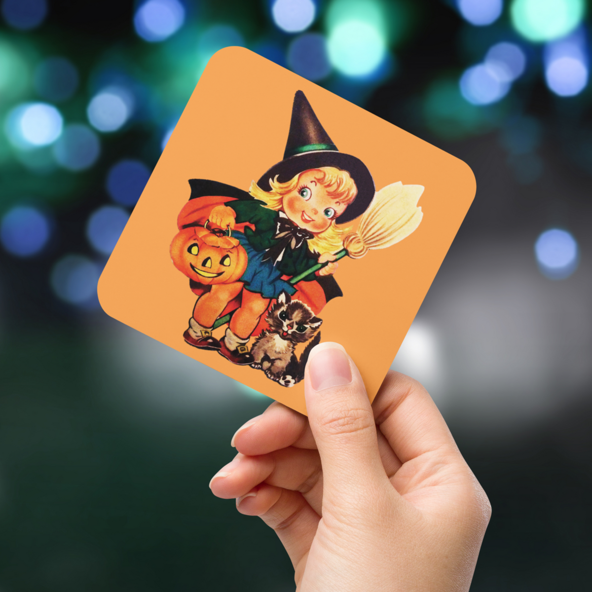 Little Witch With Cat And Broom Retro Halloween Cork-back Coaster