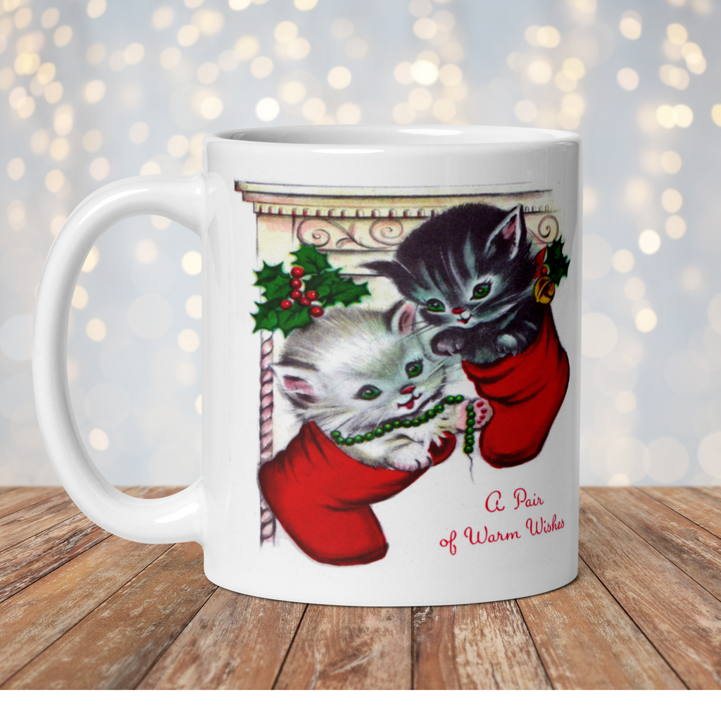 A Pair Of Warm Wishes Kittens In Stockings Retro Vintage Christmas Print Glossy Coffee Mug