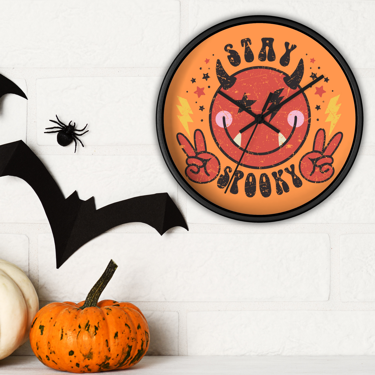 Stay Spooky Cute Devil Distressed Halloween Print Black Wall Clock
