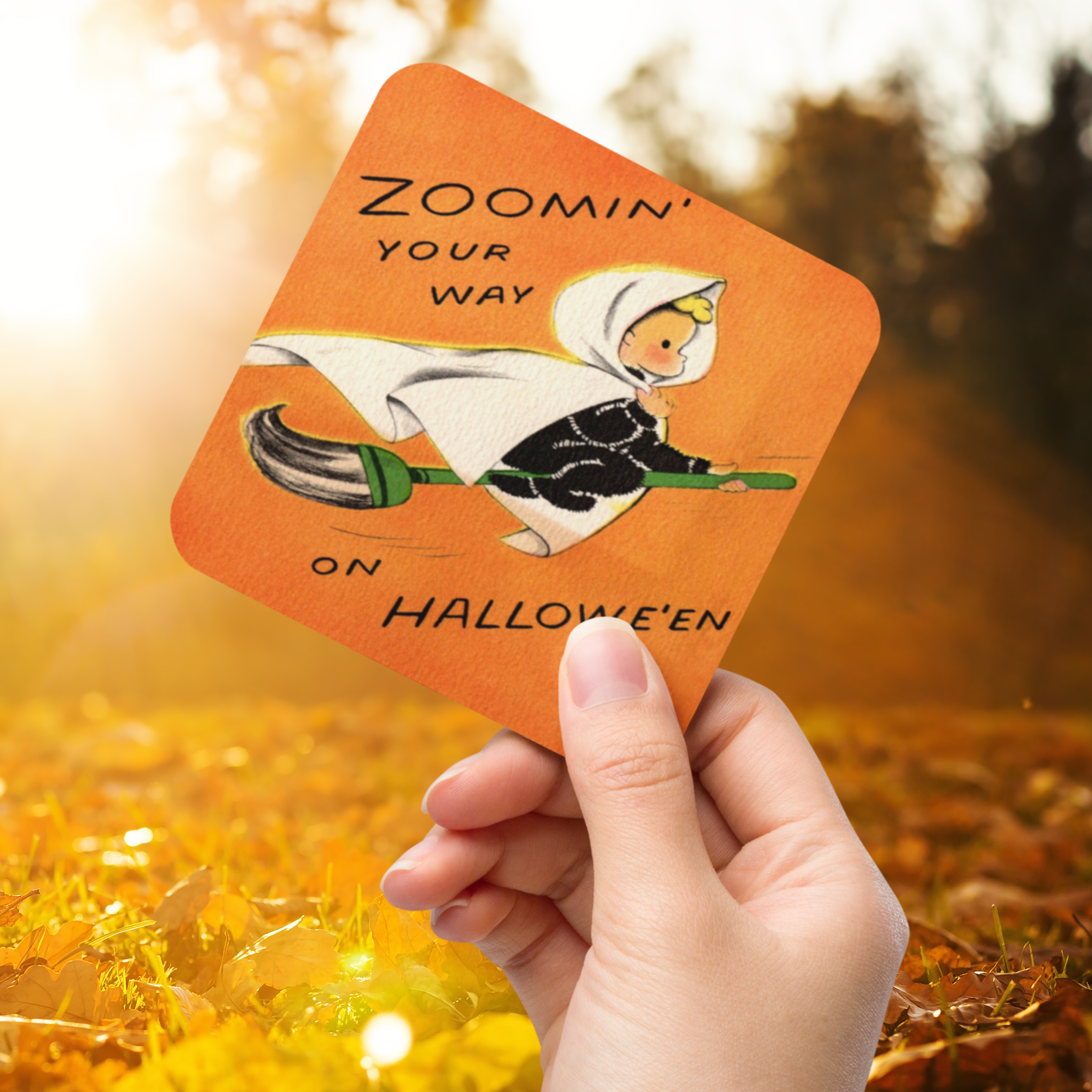 Zoomin' Your Way On Halloween Orange Witch Halloween Retro Cork-back Coaster