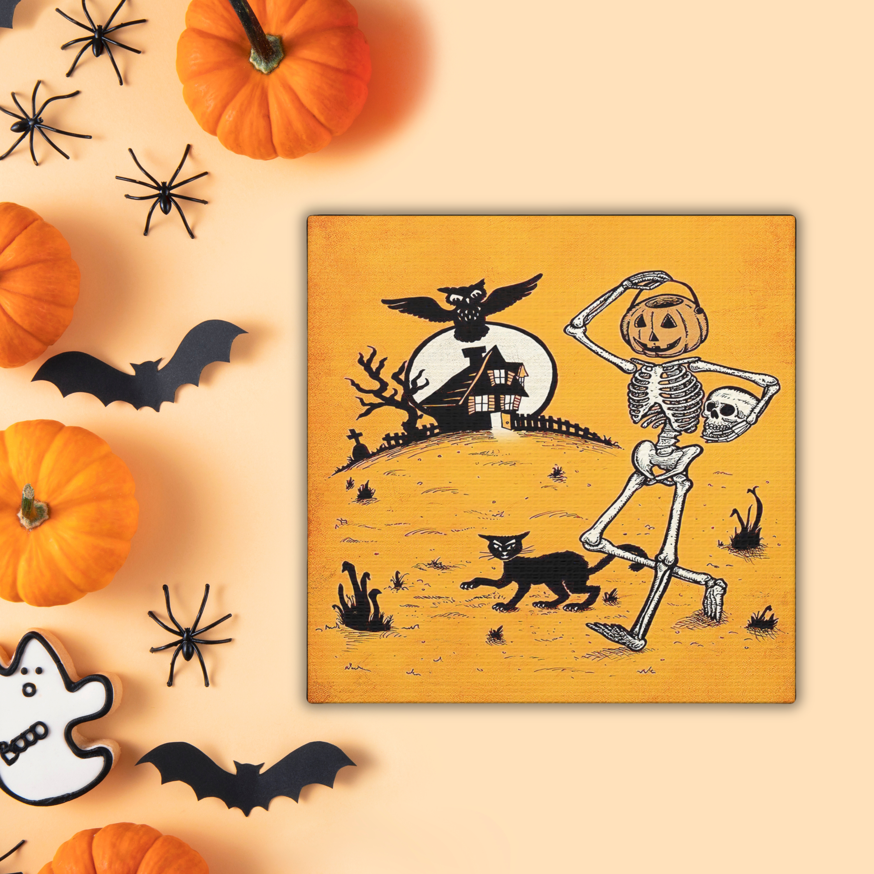 Skeleton Jack O Lantern Black Cat Owls Retro Halloween Vintage Art Canvas Gallery Wrap
