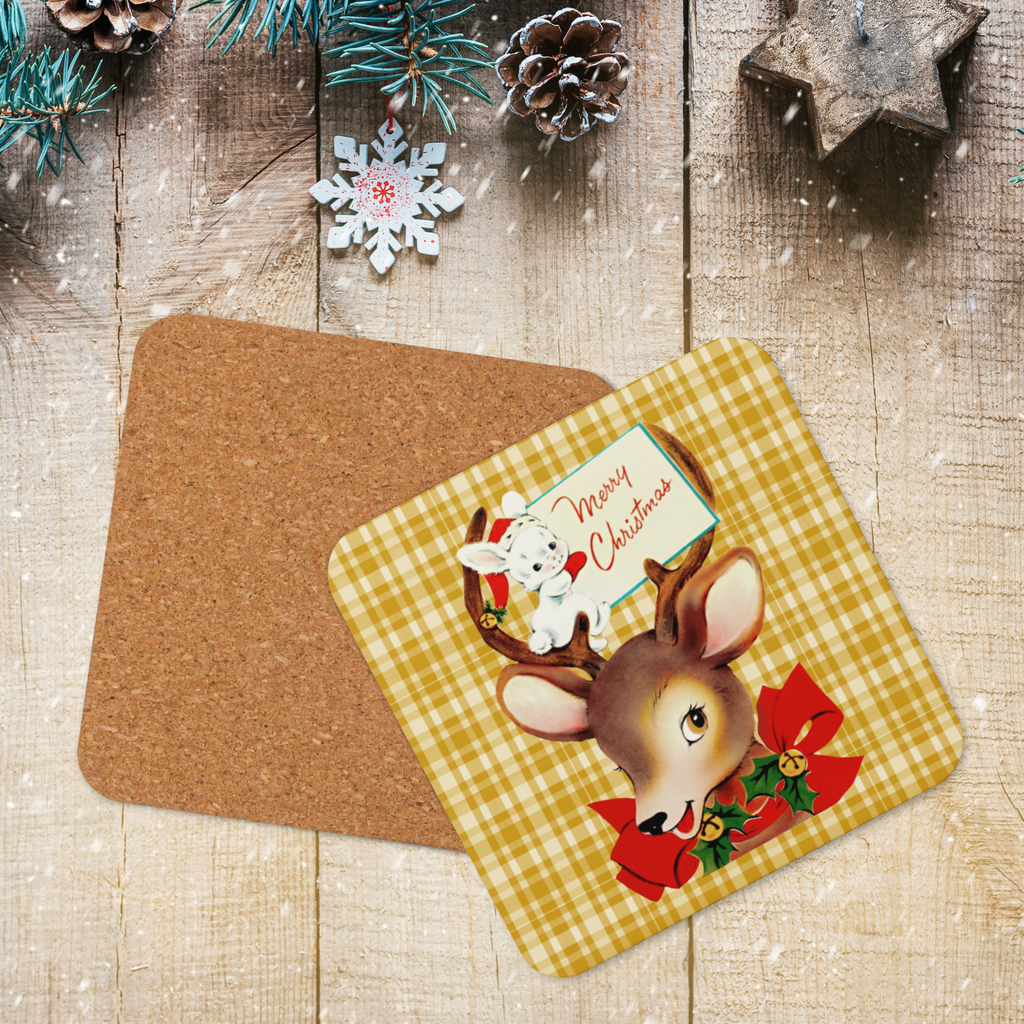 Merry Christmas Reindeer And Bunny Yellow Plaid Mid Century Retro Christmas Print Cork-back Coaster