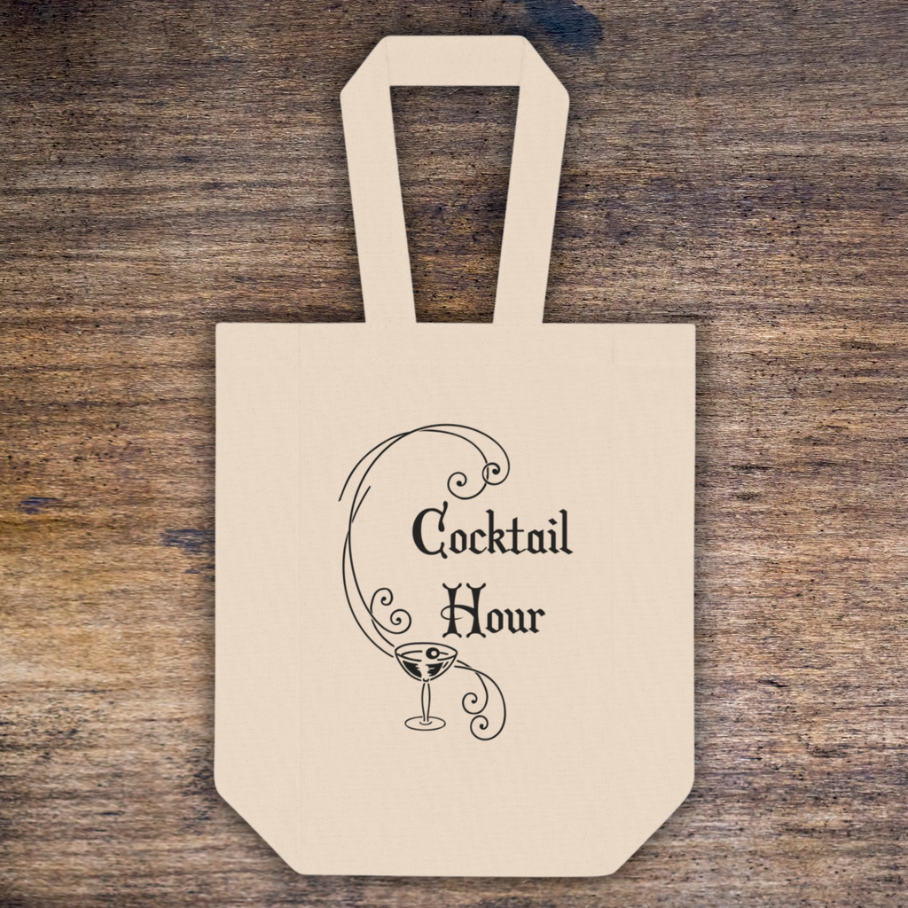 Cocktail Hour Canvas Wine Tote Bag Double Bottle Holder Retro Style Print
