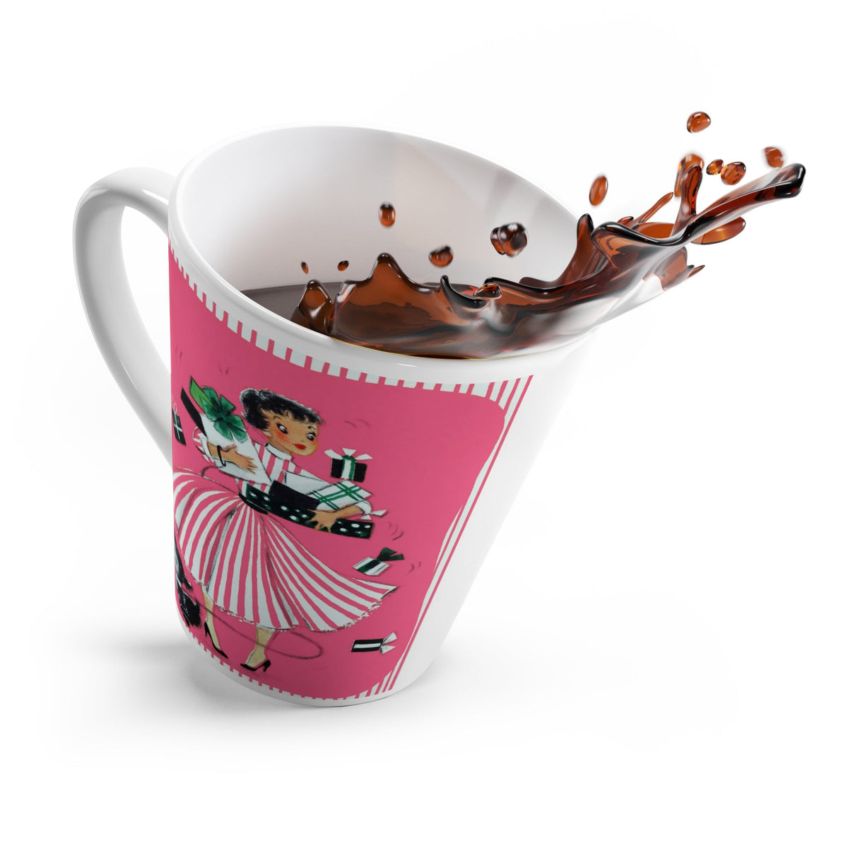 Lady With Presents Cute Dog Pink Christmas Retro Print Latte Coffee Mug