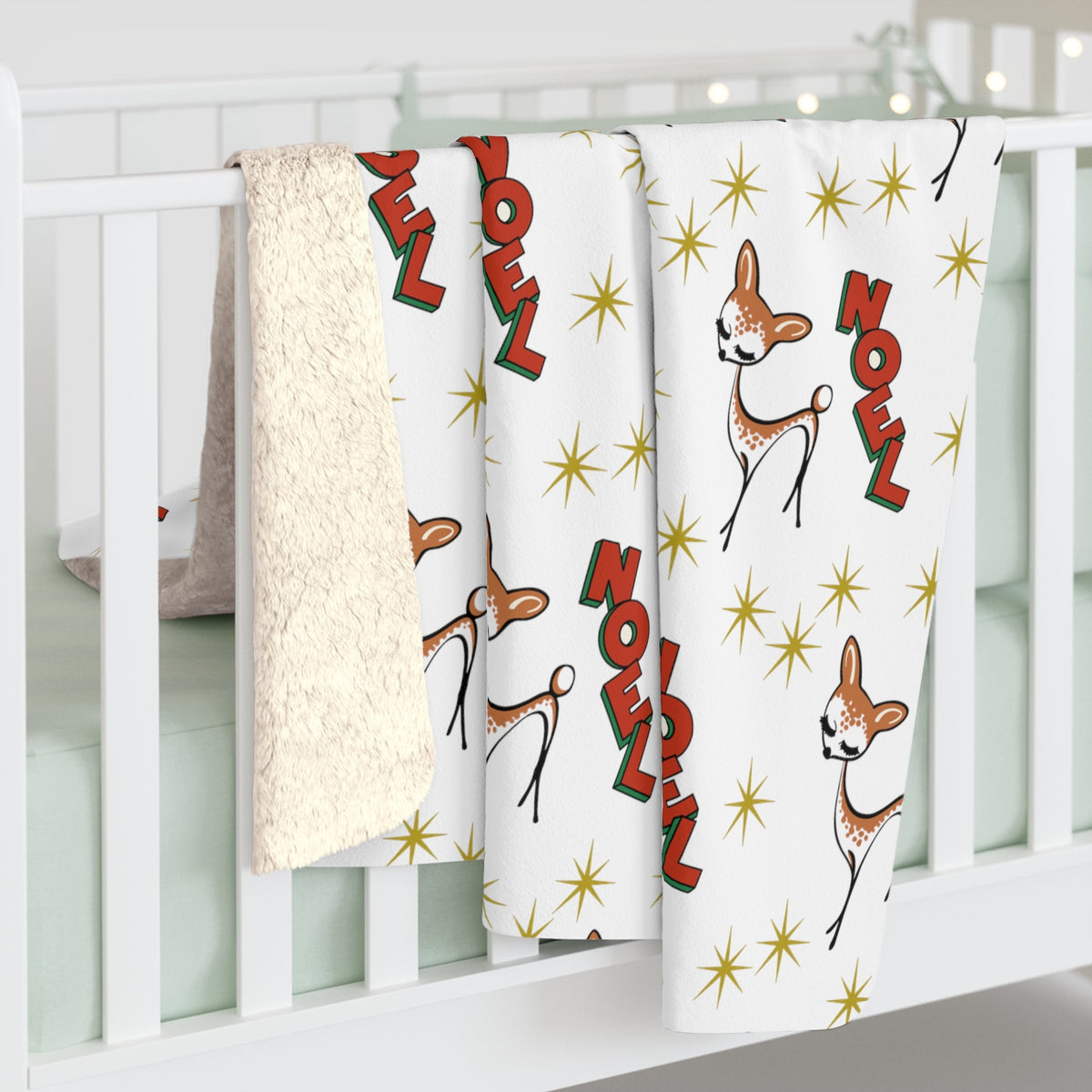 Noel Reindeer Atomic Mid Century Retro Style Sherpa Fleece Blanket