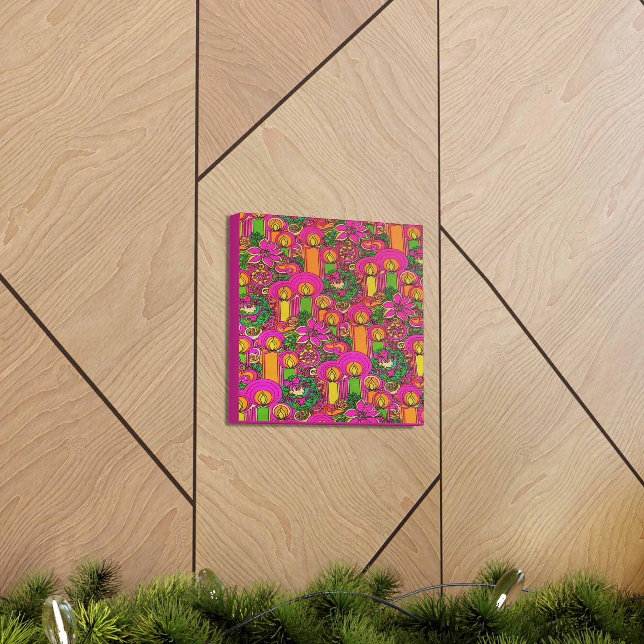 Christmas Candles Wreath Retro Mod Print Christmas Canvas Gallery Wrap