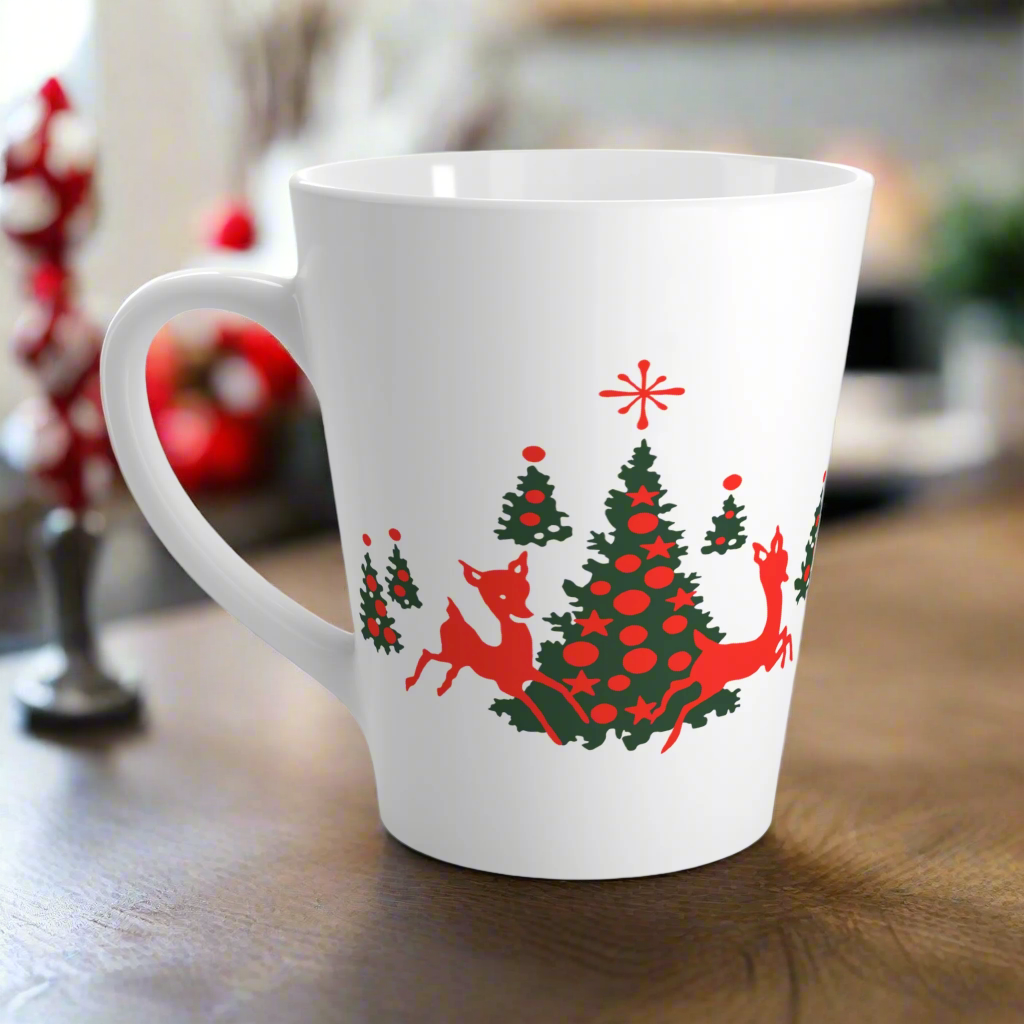 Red Reindeer Christmas Trees Mid Century Retro Latte Coffee Mug