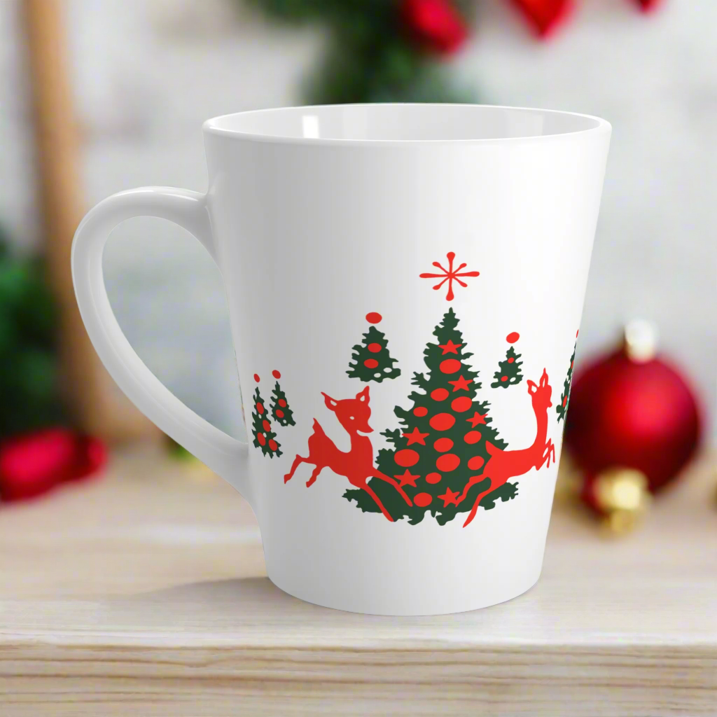 Red Reindeer Christmas Trees Mid Century Retro Latte Coffee Mug