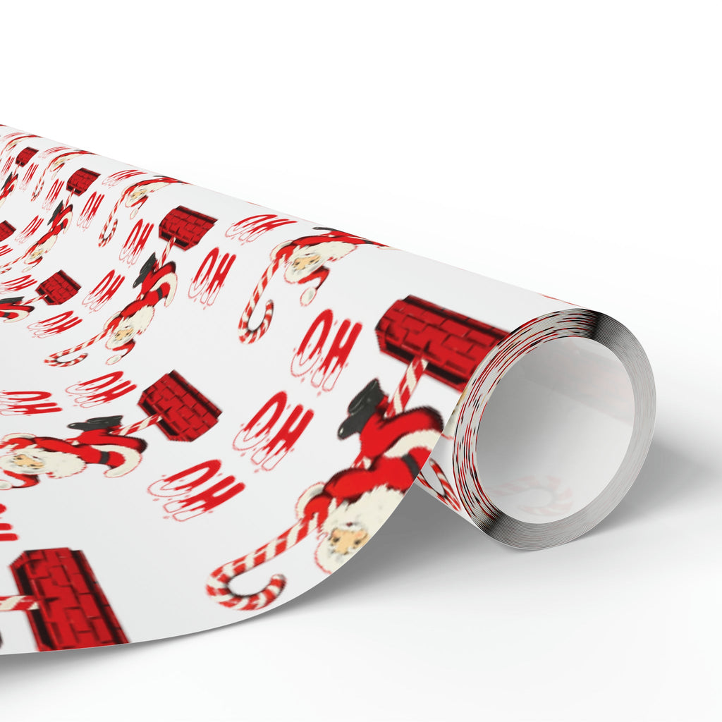 Ho Ho Ho Santa Sliding Down Candy Cane Chimney Mid Century Retro Style Holiday Gift Wrap Paper - Glossy Or Matte