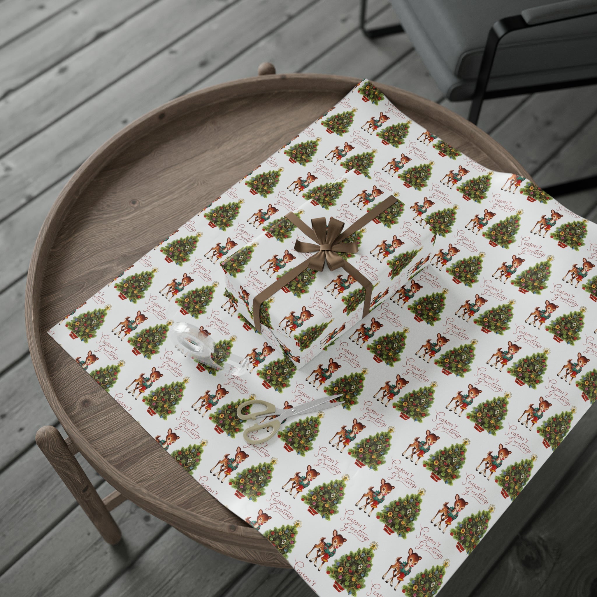 Season's Greetings Reindeer With Wreath And Christmas Tree Mid Century Retro Christmas Print Holiday Gift Wrap Paper - Glossy Or Matte