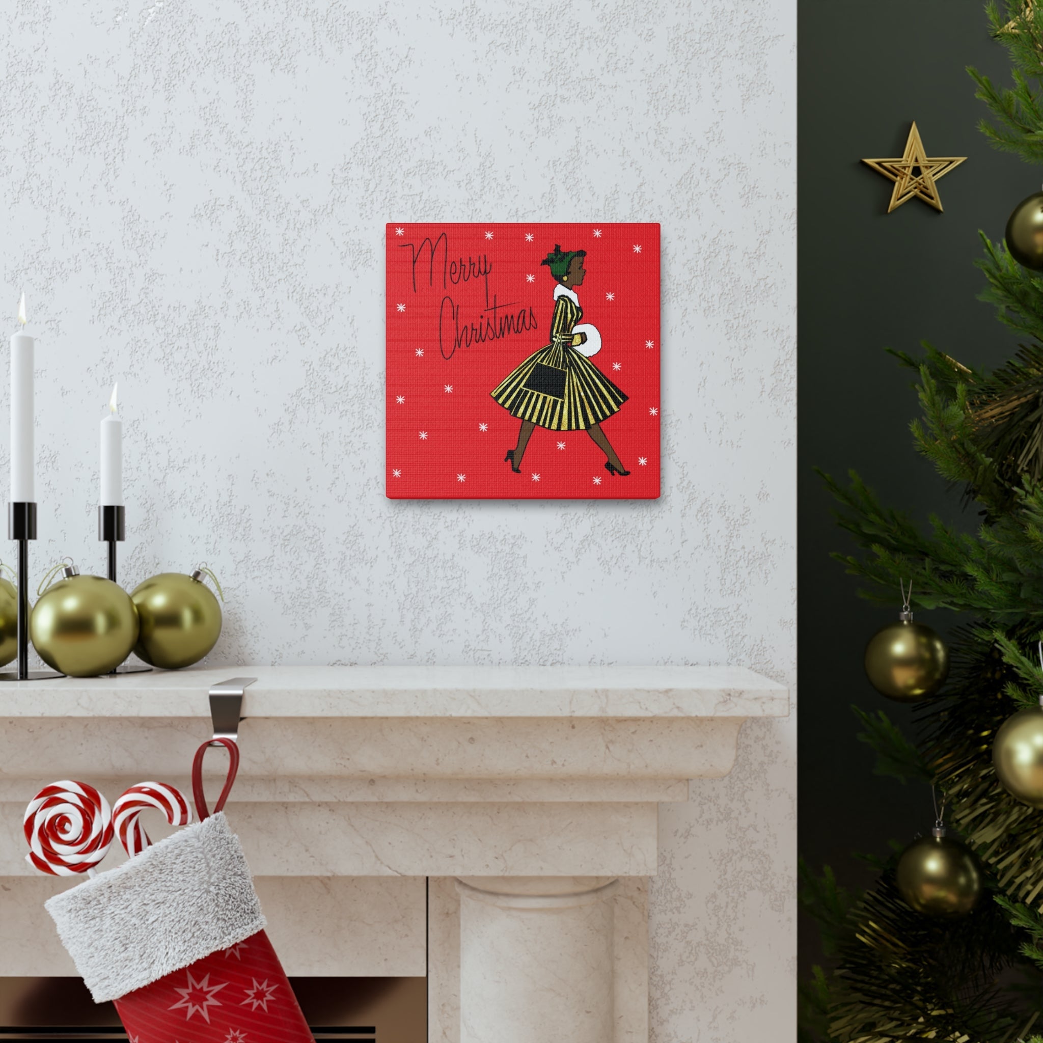 Merry Christmas Lady Mid Century Retro Print Canvas Gallery Wrap