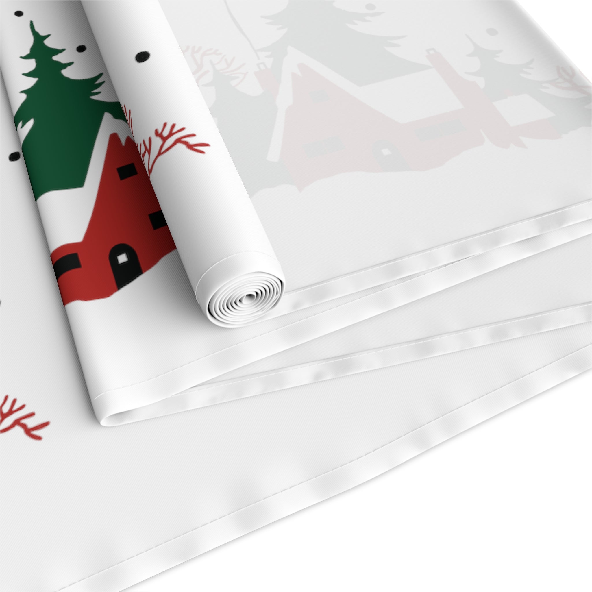 Cozy Christmas Home In Snow Mid Century Retro Christmas Print Home Decor Cotton Poly Table Runner