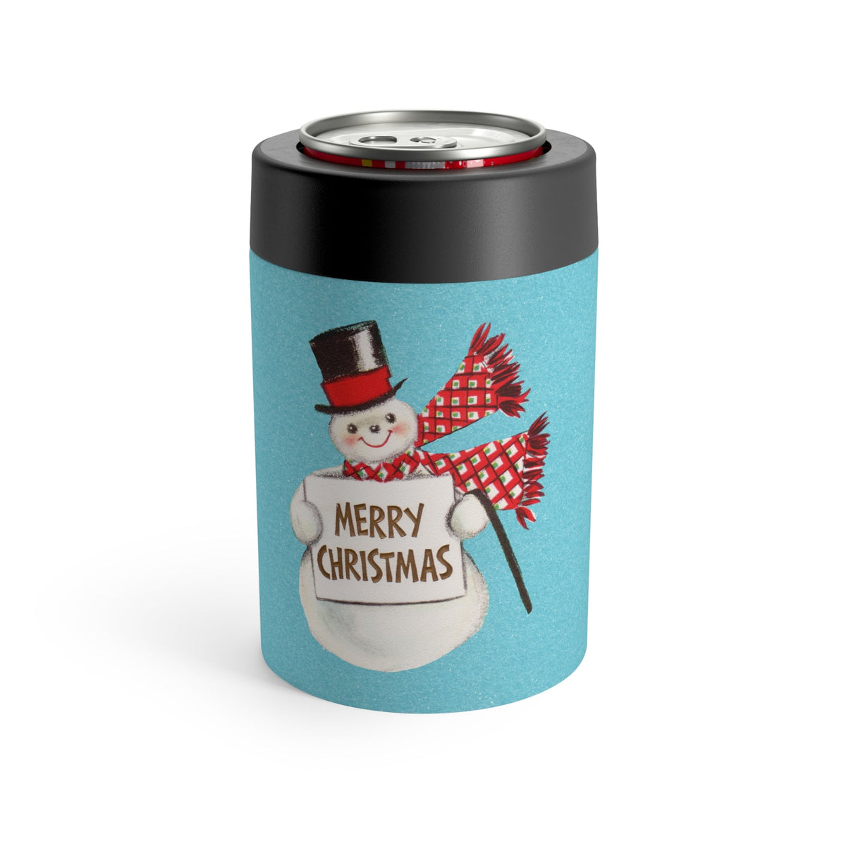 Merry Christmas Snowman Blue Background Mid Century Retro Christmas Print Stainless Steel Can Holder