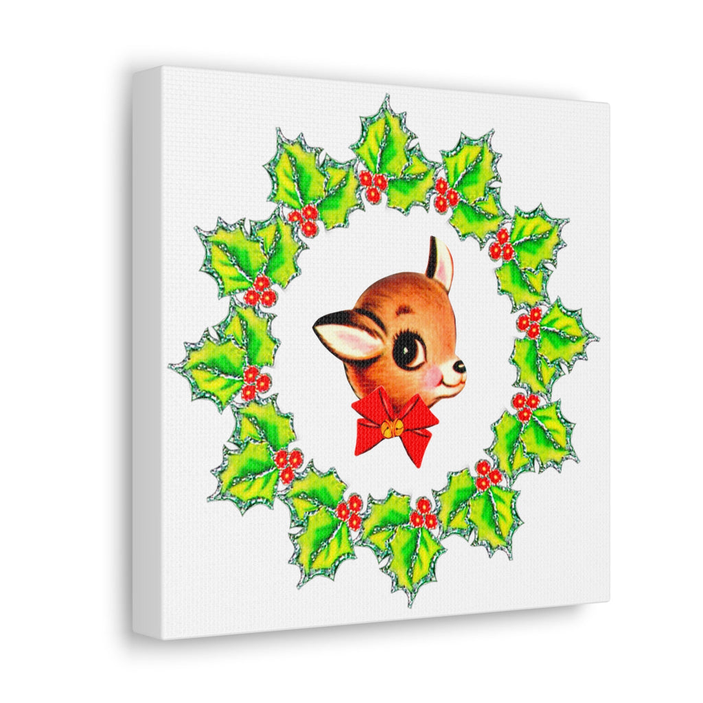 Reindeer With Holly Mid Century Retro Christmas Canvas Gallery Wrap