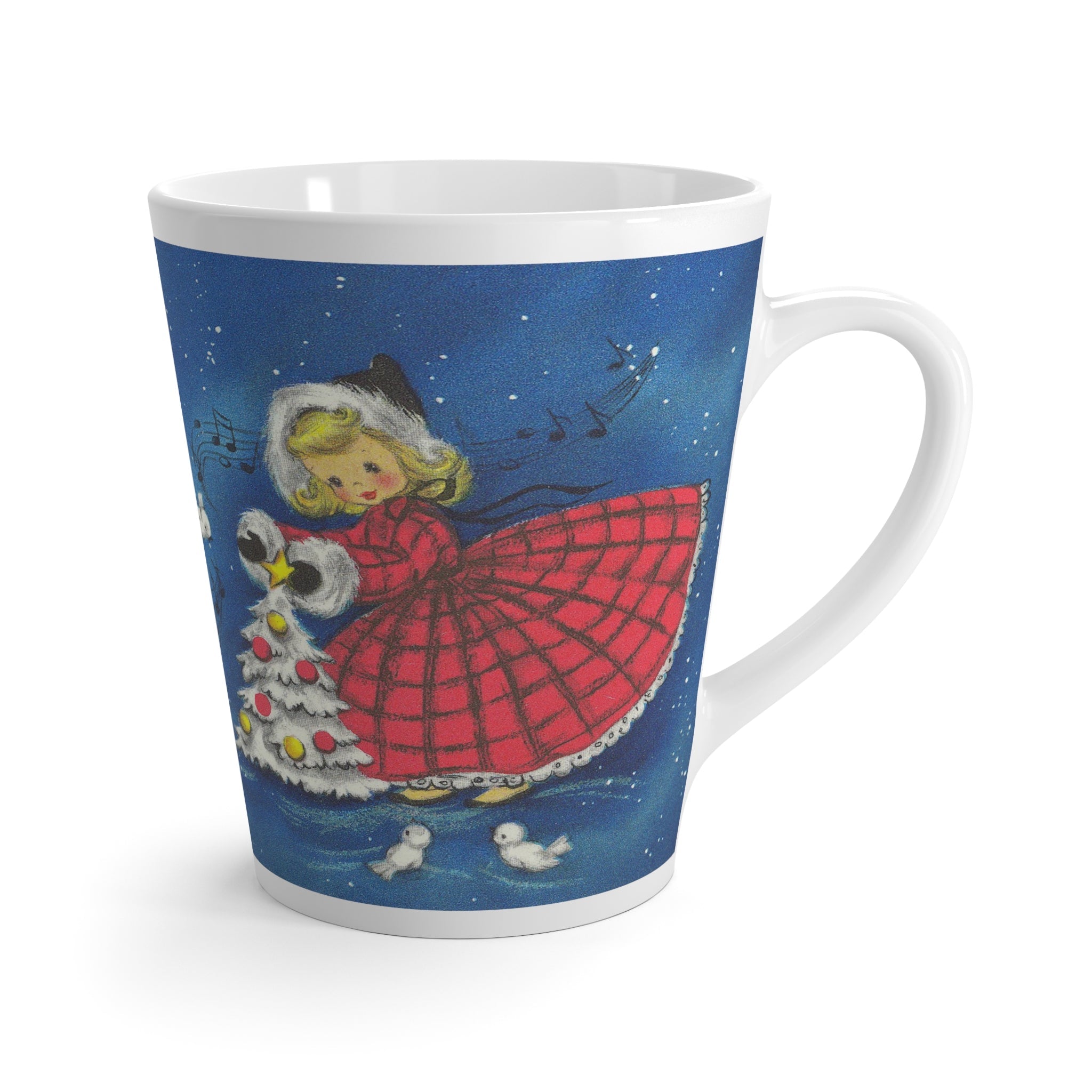 Christmas Girl With White Birds Christmas Tree Retro Christmas Print Latte Coffee Mug
