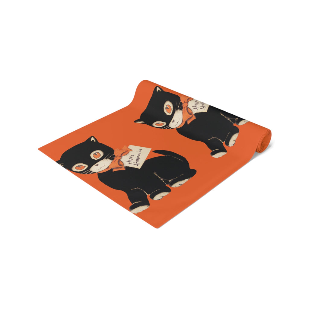 Happy Halloween Black Cat Retro Halloween Print Decor Cotton Poly Table Runner