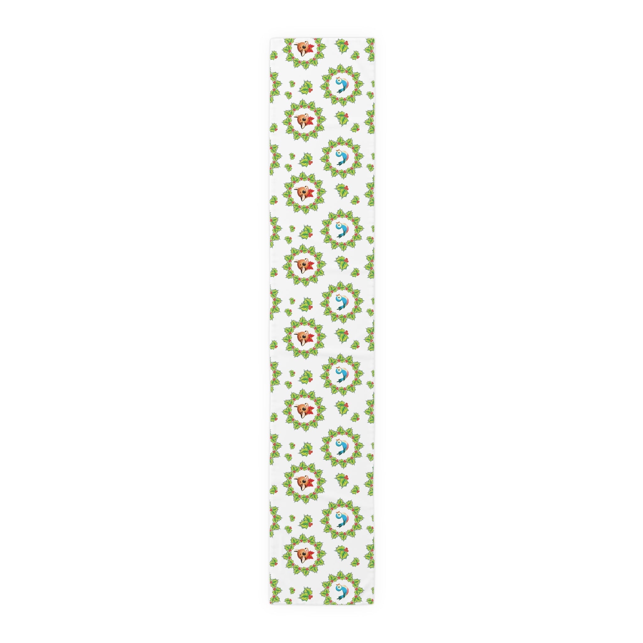 Christmas Bluebirds And Reindeer In Holly Berry Wreath Mid Century Retro Christmas Print Home Decor Cotton Poly Table Runner