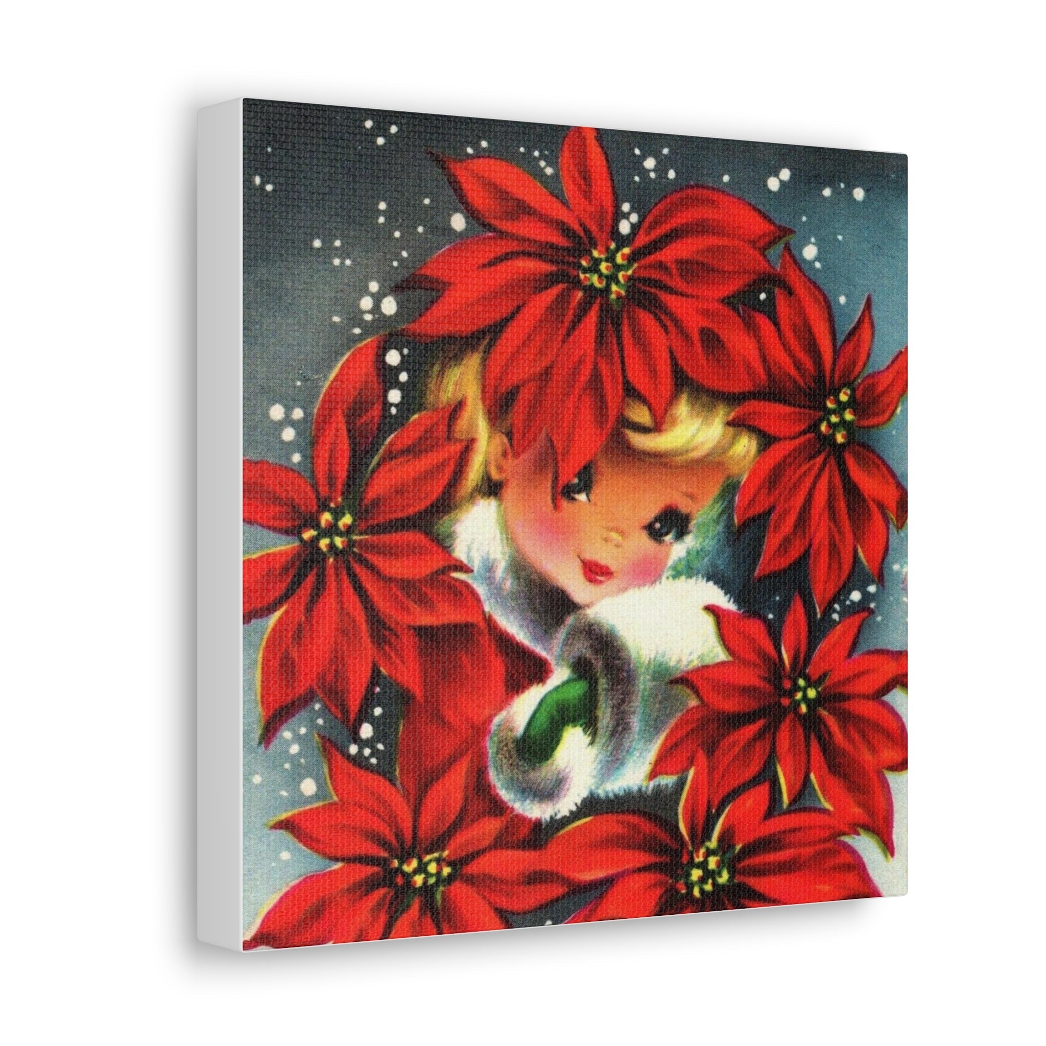 Poinsettia Girl Mid Century Retro Christmas Print Canvas Gallery Wrap