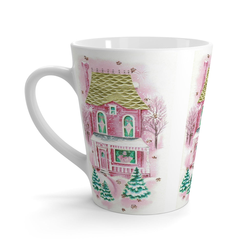 Pink Christmas Holiday House Mid Century Retro Christmas Print Latte Coffee Mug