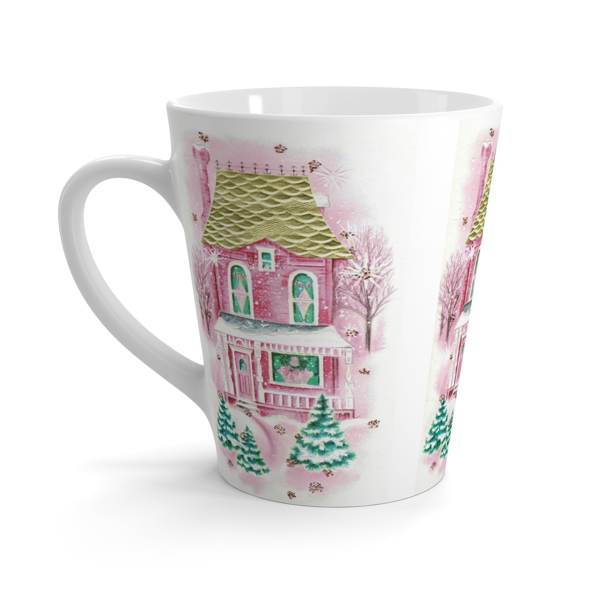Pink Christmas Holiday House Mid Century Retro Christmas Print Latte Coffee Mug
