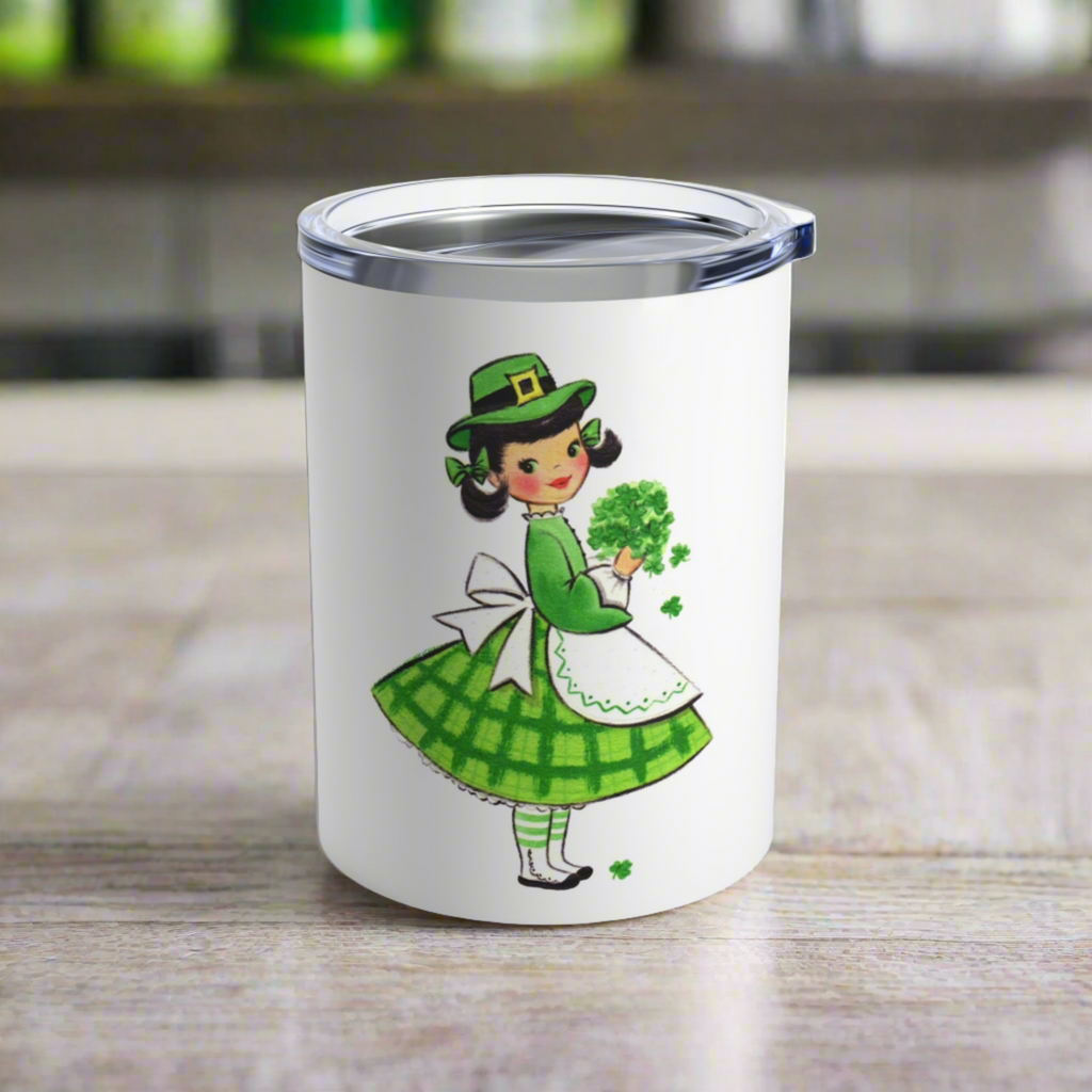 St. Patrick's Day Mug, Retro Mid Century Girl With Four Leaf Clovers St. Patrick's Day Stainless Steel Tumbler 10oz