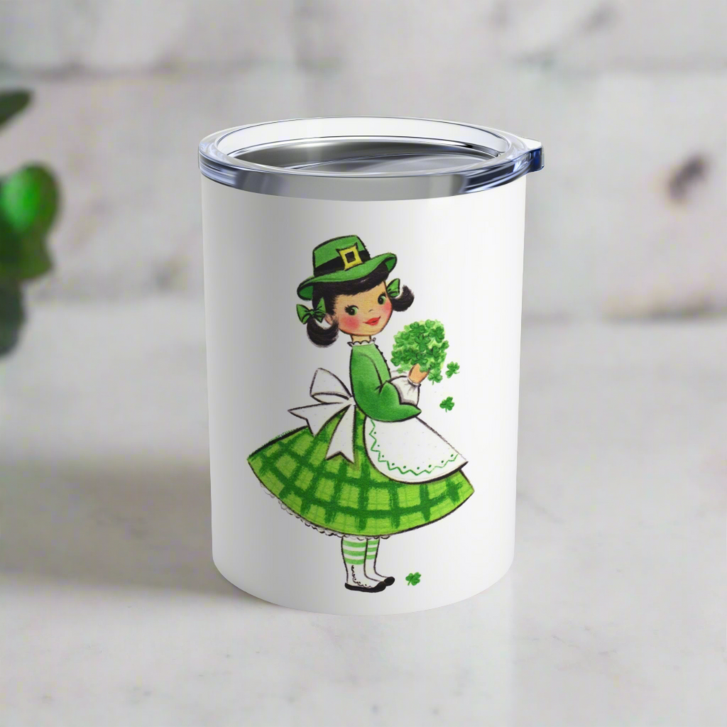 St. Patrick's Day Mug, Retro Mid Century Girl With Four Leaf Clovers St. Patrick's Day Stainless Steel Tumbler 10oz