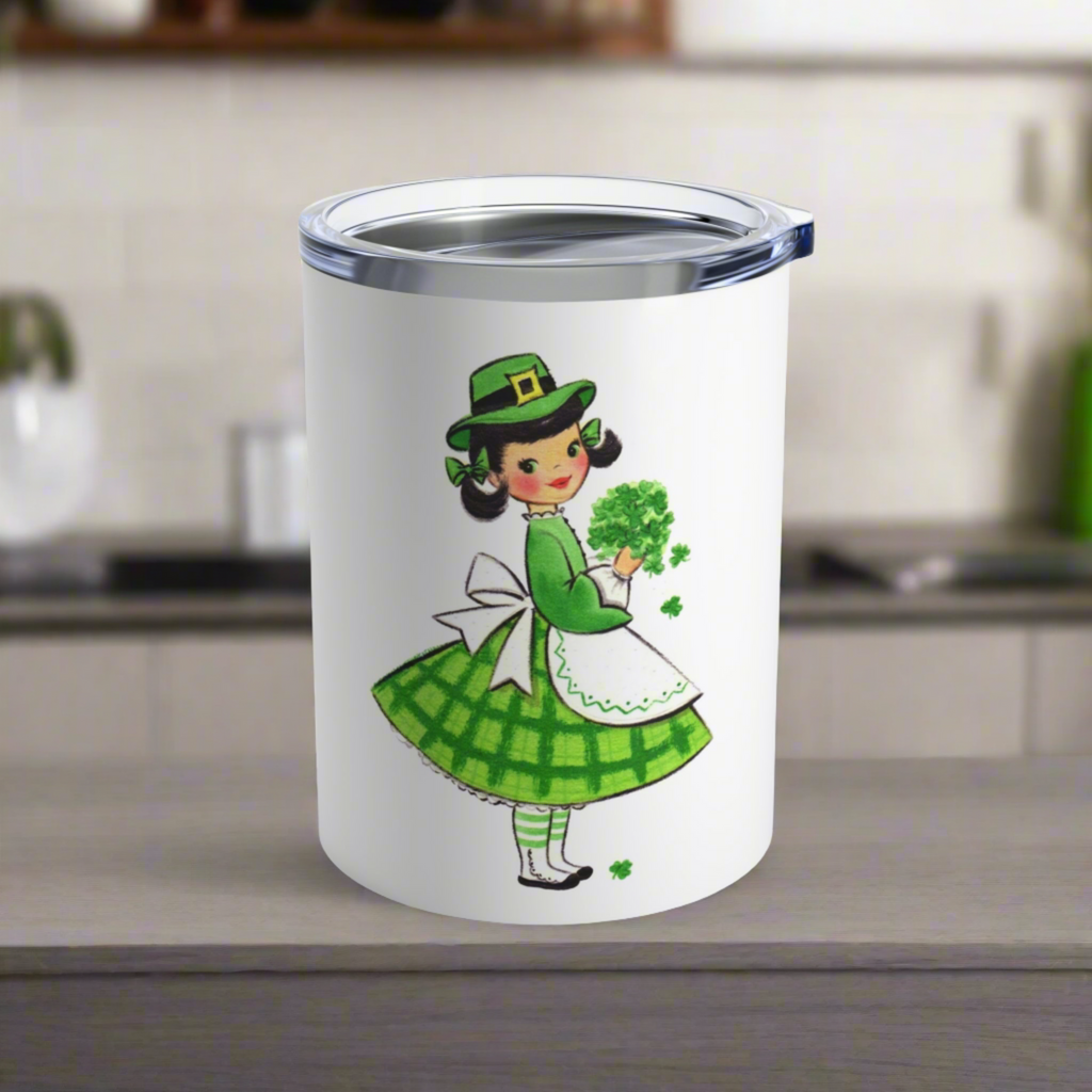 St. Patrick's Day Mug, Retro Mid Century Girl With Four Leaf Clovers St. Patrick's Day Stainless Steel Tumbler 10oz