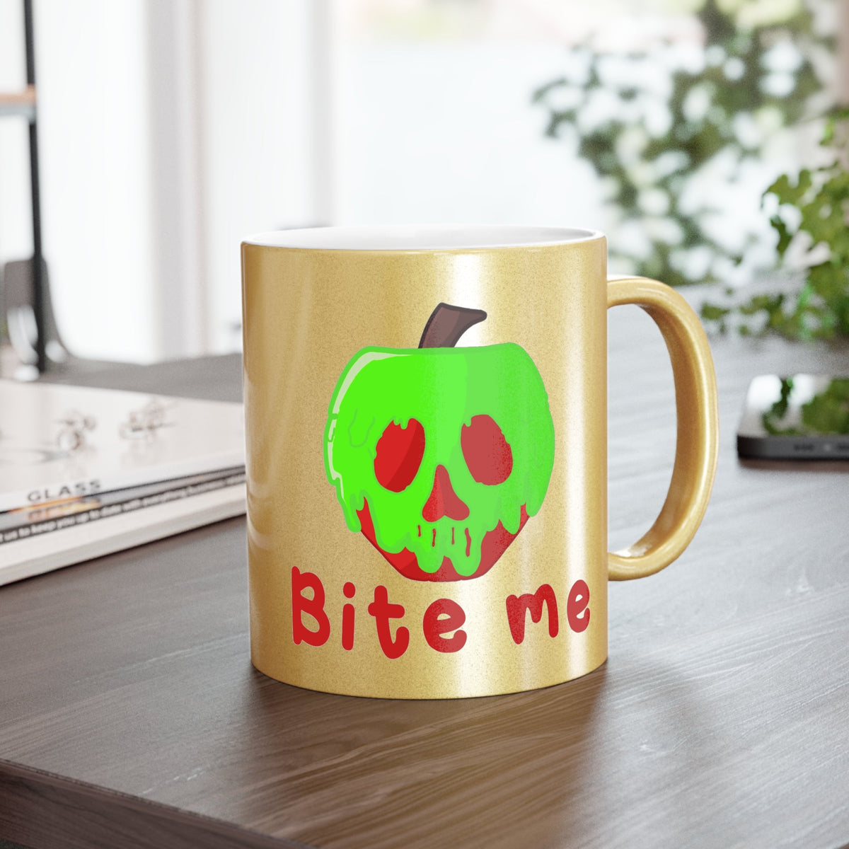 Bite Me Snow White Evil Queen Poison Apple Halloween Gold Metallic Mug