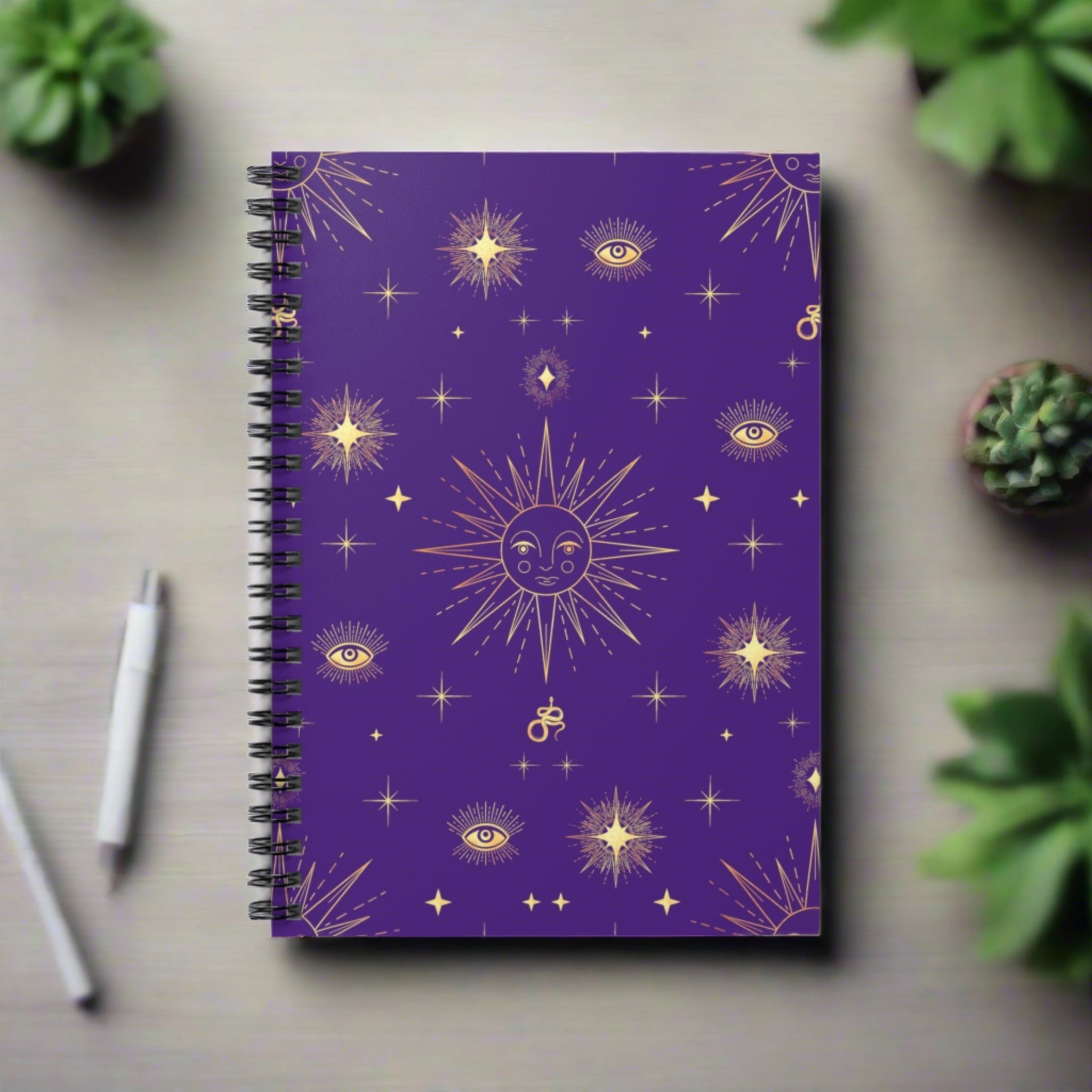Gold Sun Stars Celestial Tarot Purple Spiral Ruled Line Notebook