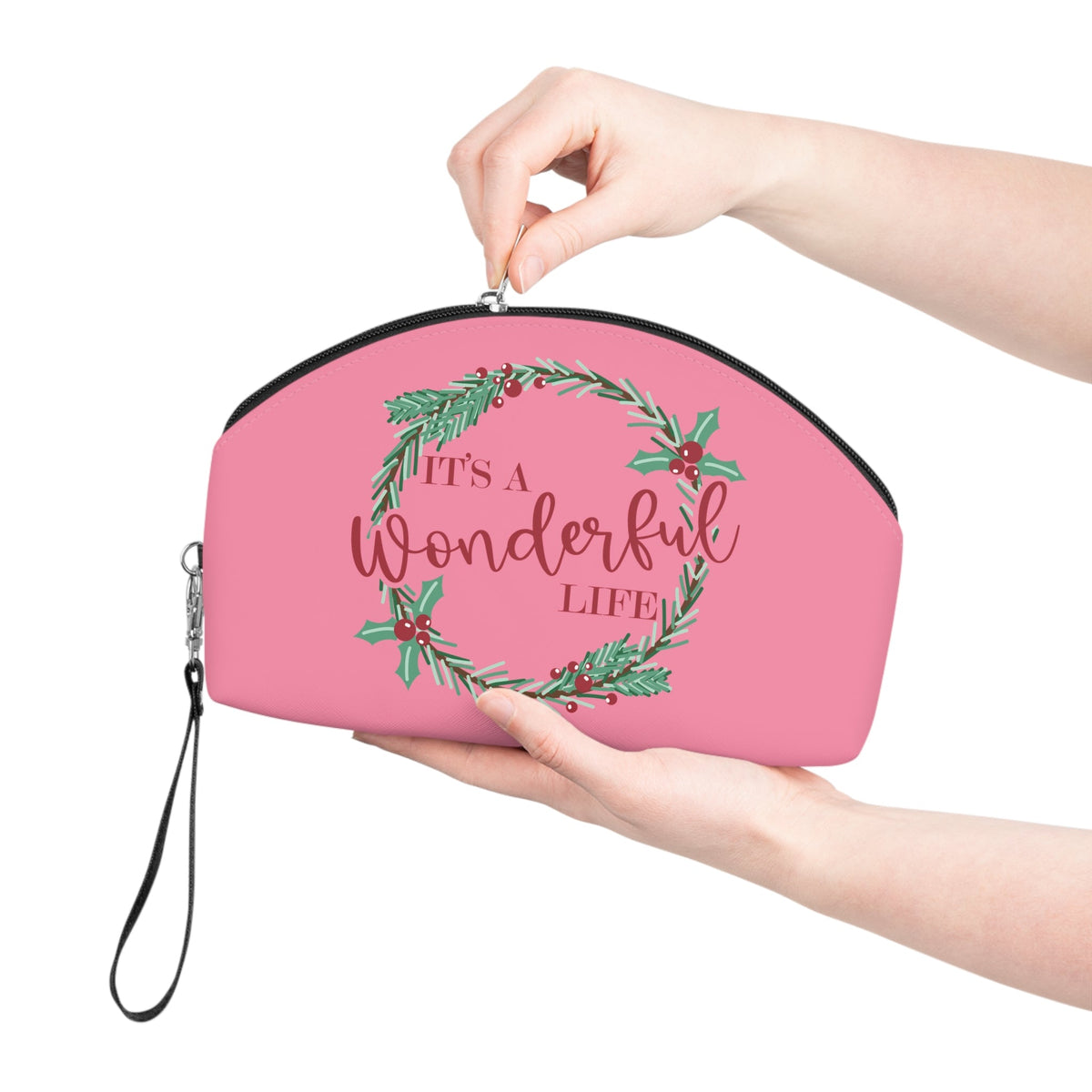 It's A Wonderful Life Christmas Wreath Pink Makeup Bag