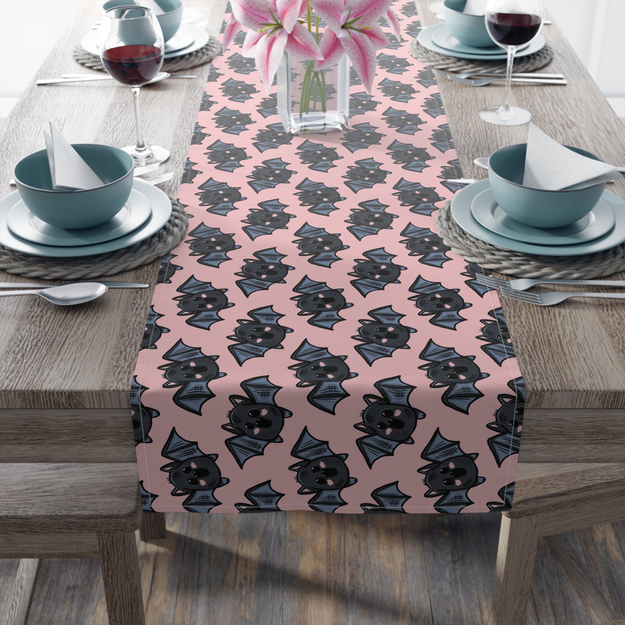 Halloween Bats Pink Fall Autumn Cotton Poly Table Runner