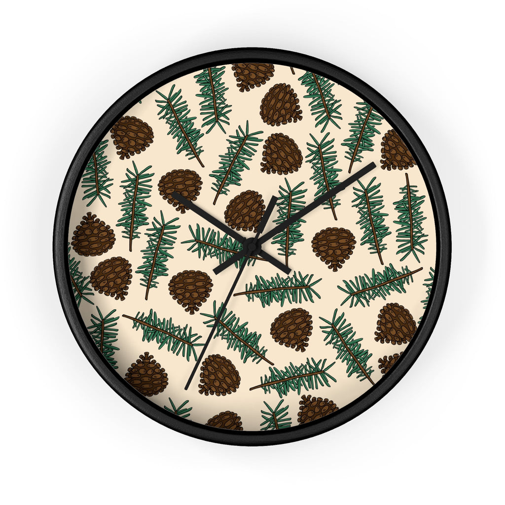 Pinecones With Sprigs Of Pine Christmas Winter Print Black Wall Clock