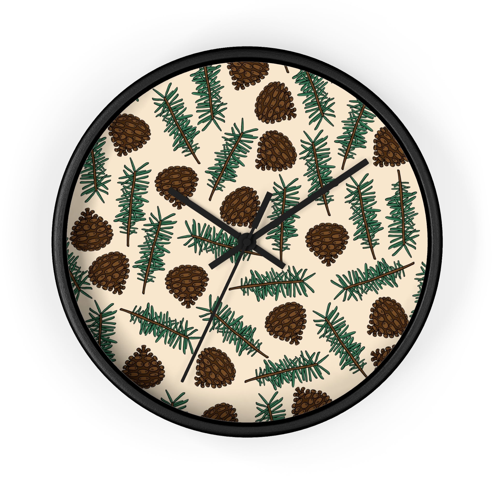 Pinecones With Sprigs Of Pine Christmas Winter Print Black Wall Clock