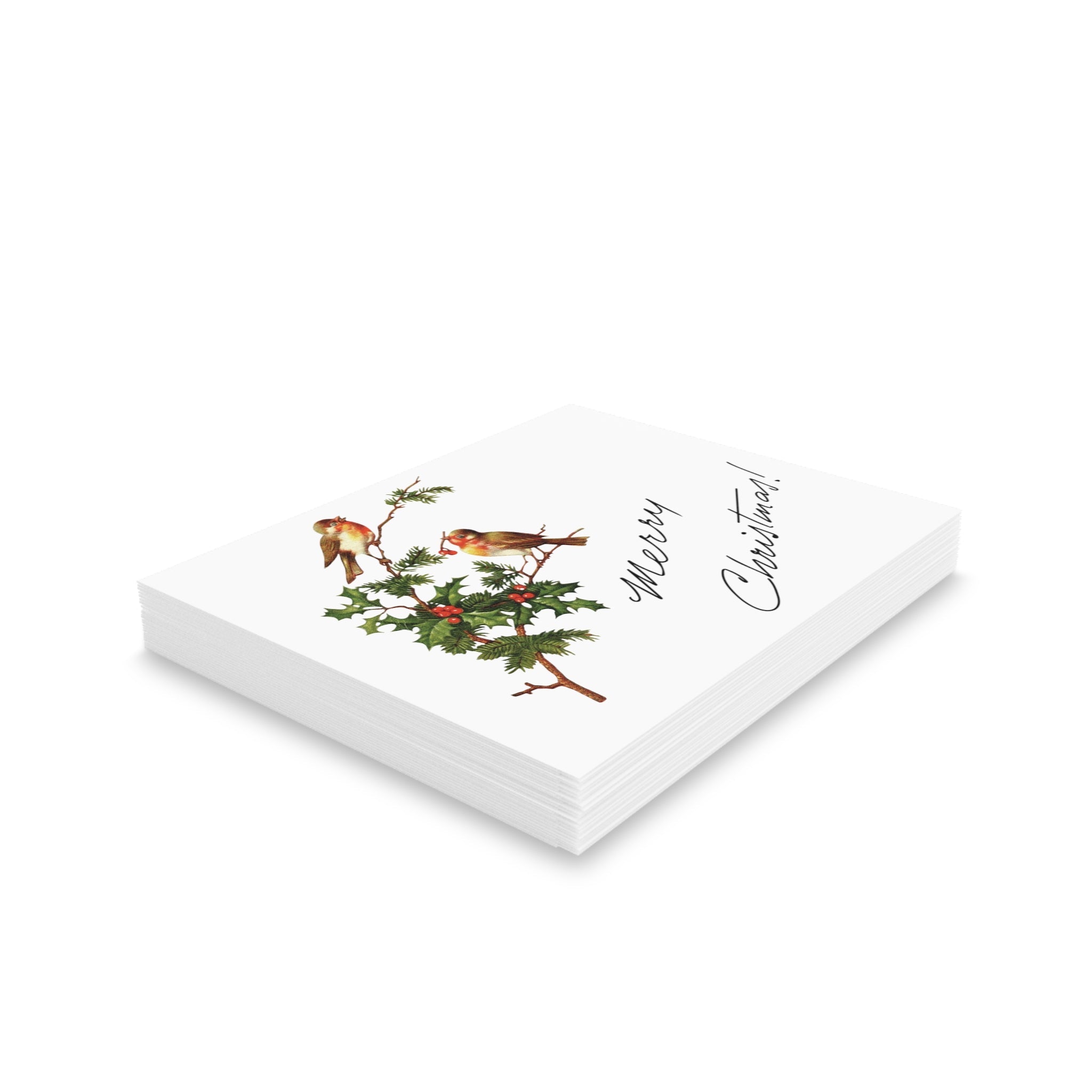 Merry Christmas Birds With Holly Berries Retro Christmas Style Pink Matte Greeting Cards (8, 16, and 24 pcs)