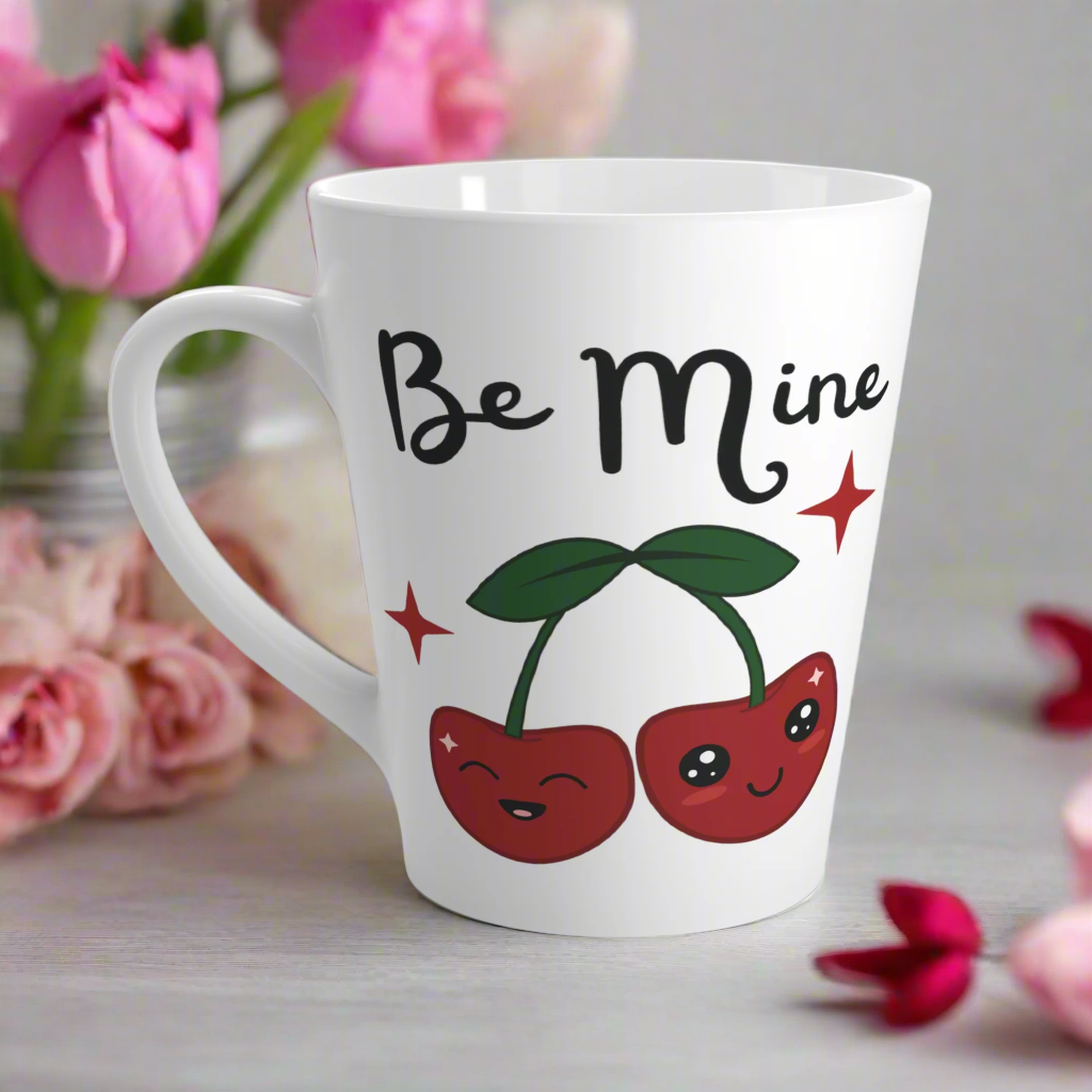 Be Mine Valentine's Day Pair Of Cherries Retro Style Ceramic Latte Coffee Mug